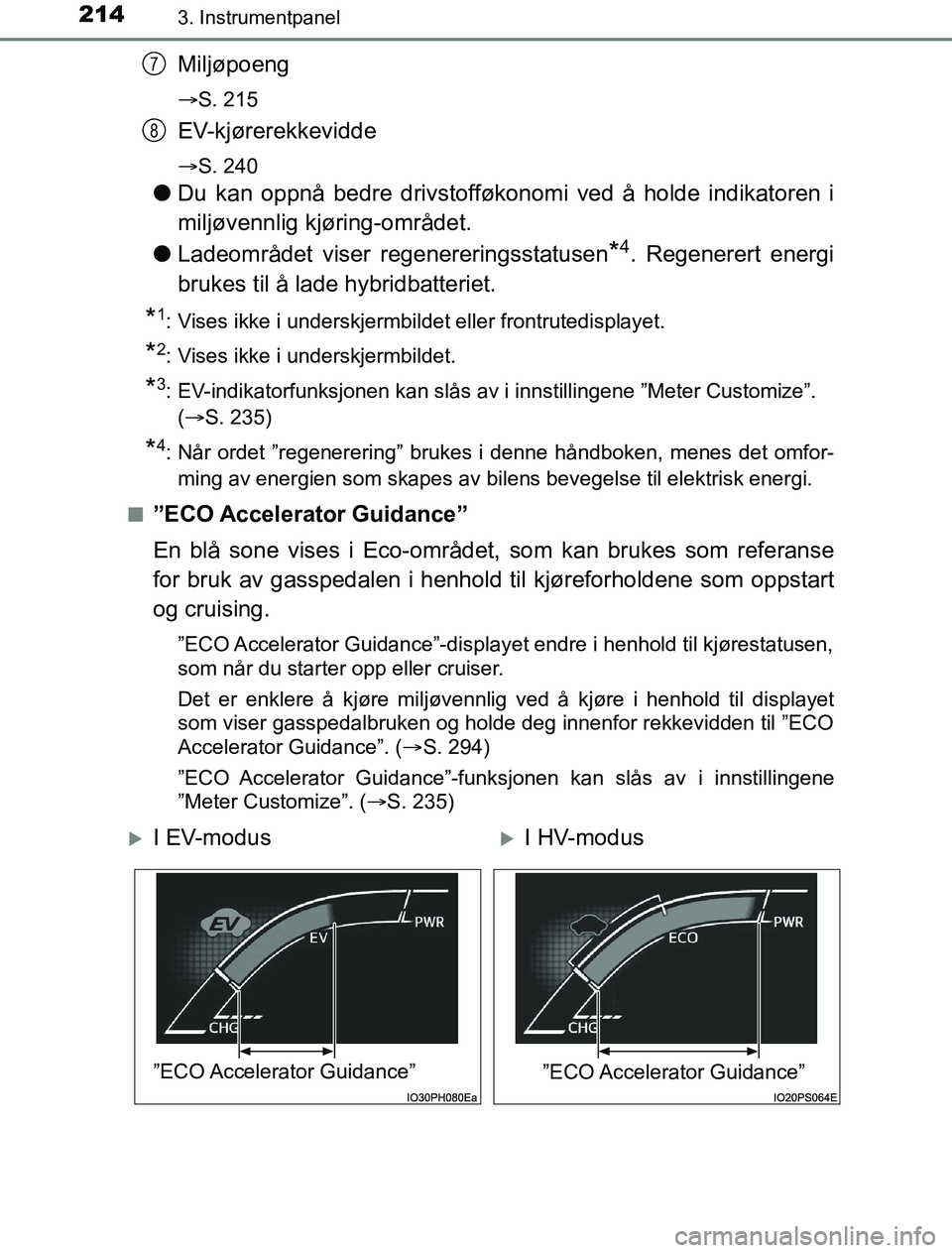 TOYOTA PRIUS PLUG-IN HYBRID 2016 Instruksjoner for bruk (in Norwegian) 2143. Instrumentpanel
OM47A89NO
Miljøpoeng
S. 215
EV-kjørerekkevidde
S. 240
lDu kan oppnå bedre drivstofføkonomi ved å holde indikatoren i
miljøvennlig kjøring-området.
l Ladeområdet vi TOYOTA PRIUS PLUG-IN HYBRID 2016 Instruksjoner for bruk (in Norwegian) 2143. Instrumentpanel
OM47A89NO
Miljøpoeng
S. 215
EV-kjørerekkevidde
S. 240
lDu kan oppnå bedre drivstofføkonomi ved å holde indikatoren i
miljøvennlig kjøring-området.
l Ladeområdet vi