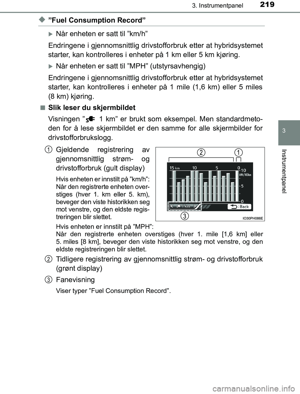 TOYOTA PRIUS PLUG-IN HYBRID 2016 Instruksjoner for bruk (in Norwegian) 2193. Instrumentpanel
3
Instrumentpanel
OM47A89NO
u”Fuel Consumption Record”
Når enheten er satt til ”km/h”
Endringene i gjennomsnittlig drivstofforbruk etter at hybridsystemet
starter, ka TOYOTA PRIUS PLUG-IN HYBRID 2016 Instruksjoner for bruk (in Norwegian) 2193. Instrumentpanel
3
Instrumentpanel
OM47A89NO
u”Fuel Consumption Record”
Når enheten er satt til ”km/h”
Endringene i gjennomsnittlig drivstofforbruk etter at hybridsystemet
starter, ka