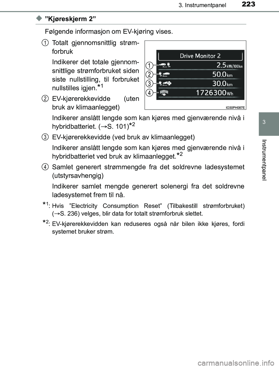 TOYOTA PRIUS PLUG-IN HYBRID 2016 Instruksjoner for bruk (in Norwegian) 2233. Instrumentpanel
3
Instrumentpanel
OM47A89NO
u”Kjøreskjerm 2”
Følgende informasjon om EV-kjøring vises.Totalt gjennomsnittlig strøm-
forbruk
Indikerer det totale gjennom-
snittlige strøm TOYOTA PRIUS PLUG-IN HYBRID 2016 Instruksjoner for bruk (in Norwegian) 2233. Instrumentpanel
3
Instrumentpanel
OM47A89NO
u”Kjøreskjerm 2”
Følgende informasjon om EV-kjøring vises.Totalt gjennomsnittlig strøm-
forbruk
Indikerer det totale gjennom-
snittlige strøm