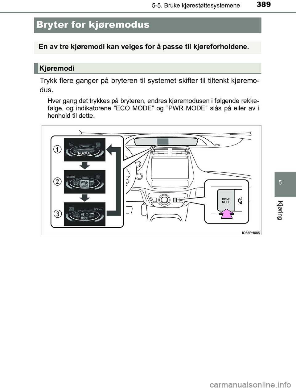 TOYOTA PRIUS PLUG-IN HYBRID 2016 Instruksjoner for bruk (in Norwegian) 3895-5. Bruke kjørestøttesystemene
OM47A89NO
5
Kjøring
Bryter for kjøremodus
Trykk flere ganger på bryteren til systemet skifter til tiltenkt kjøremo-
dus.
Hver gang det trykkes på bryteren, en TOYOTA PRIUS PLUG-IN HYBRID 2016 Instruksjoner for bruk (in Norwegian) 3895-5. Bruke kjørestøttesystemene
OM47A89NO
5
Kjøring
Bryter for kjøremodus
Trykk flere ganger på bryteren til systemet skifter til tiltenkt kjøremo-
dus.
Hver gang det trykkes på bryteren, en