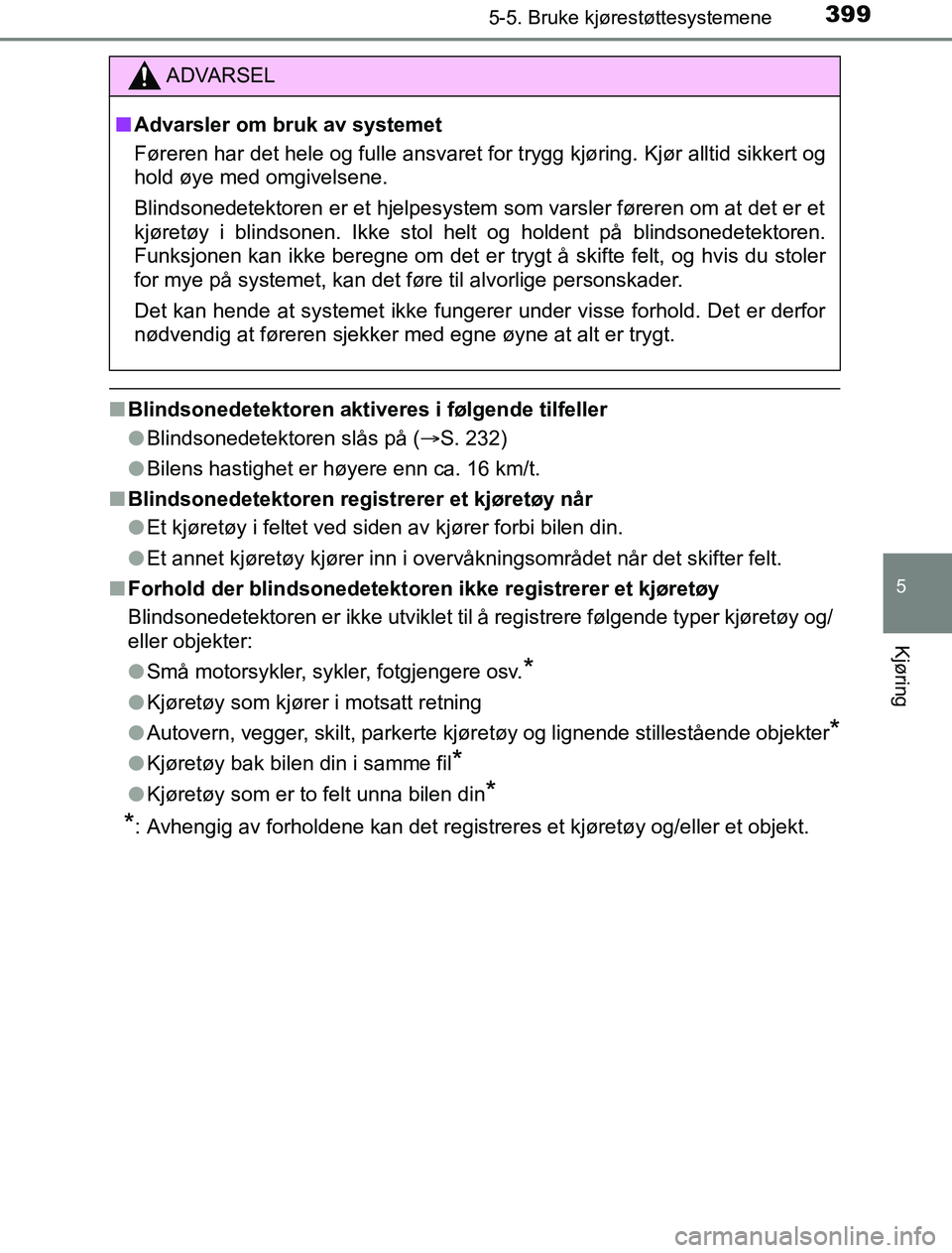 TOYOTA PRIUS PLUG-IN HYBRID 2016 Instruksjoner for bruk (in Norwegian) 3995-5. Bruke kjørestøttesystemene
OM47A89NO
5
Kjøring
nBlindsonedetektoren aktiveres i følgende tilfeller
lBlindsonedetektoren slås på ( S. 232)
l Bilens hastighet er høyere enn ca. 16 km/t TOYOTA PRIUS PLUG-IN HYBRID 2016 Instruksjoner for bruk (in Norwegian) 3995-5. Bruke kjørestøttesystemene
OM47A89NO
5
Kjøring
nBlindsonedetektoren aktiveres i følgende tilfeller
lBlindsonedetektoren slås på ( S. 232)
l Bilens hastighet er høyere enn ca. 16 km/t