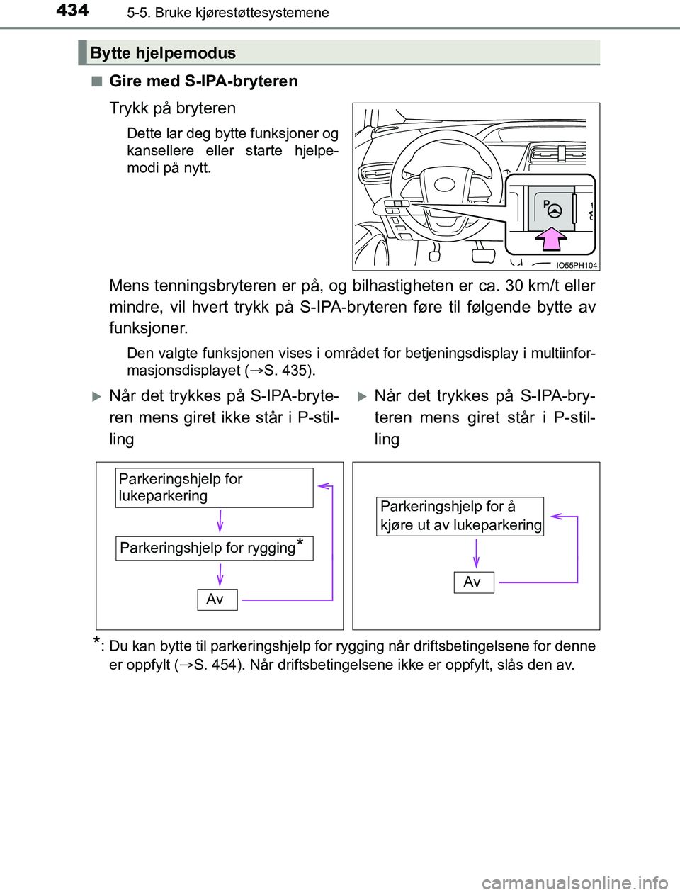 TOYOTA PRIUS PLUG-IN HYBRID 2016 Instruksjoner for bruk (in Norwegian) 4345-5. Bruke kjørestøttesystemene
OM47A89NOn
Gire med S-IPA-bryteren
Trykk på bryteren
Dette lar deg bytte funksjoner og
kansellere eller starte hjelpe-
modi på nytt.
Mens tenningsbryteren er på TOYOTA PRIUS PLUG-IN HYBRID 2016 Instruksjoner for bruk (in Norwegian) 4345-5. Bruke kjørestøttesystemene
OM47A89NOn
Gire med S-IPA-bryteren
Trykk på bryteren
Dette lar deg bytte funksjoner og
kansellere eller starte hjelpe-
modi på nytt.
Mens tenningsbryteren er på