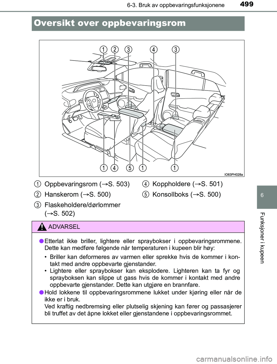 TOYOTA PRIUS PLUG-IN HYBRID 2016 Instruksjoner for bruk (in Norwegian) 4996-3. Bruk av oppbevaringsfunksjonene
OM47A89NO
6
Funksjoner i kupeen
Oversikt over oppbevaringsrom
Oppbevaringsrom (S. 503)
Hanskerom ( S. 500)
Flaskeholdere/dørlommer
( S. 502) Kopphol TOYOTA PRIUS PLUG-IN HYBRID 2016 Instruksjoner for bruk (in Norwegian) 4996-3. Bruk av oppbevaringsfunksjonene
OM47A89NO
6
Funksjoner i kupeen
Oversikt over oppbevaringsrom
Oppbevaringsrom (S. 503)
Hanskerom ( S. 500)
Flaskeholdere/dørlommer
( S. 502) Kopphol