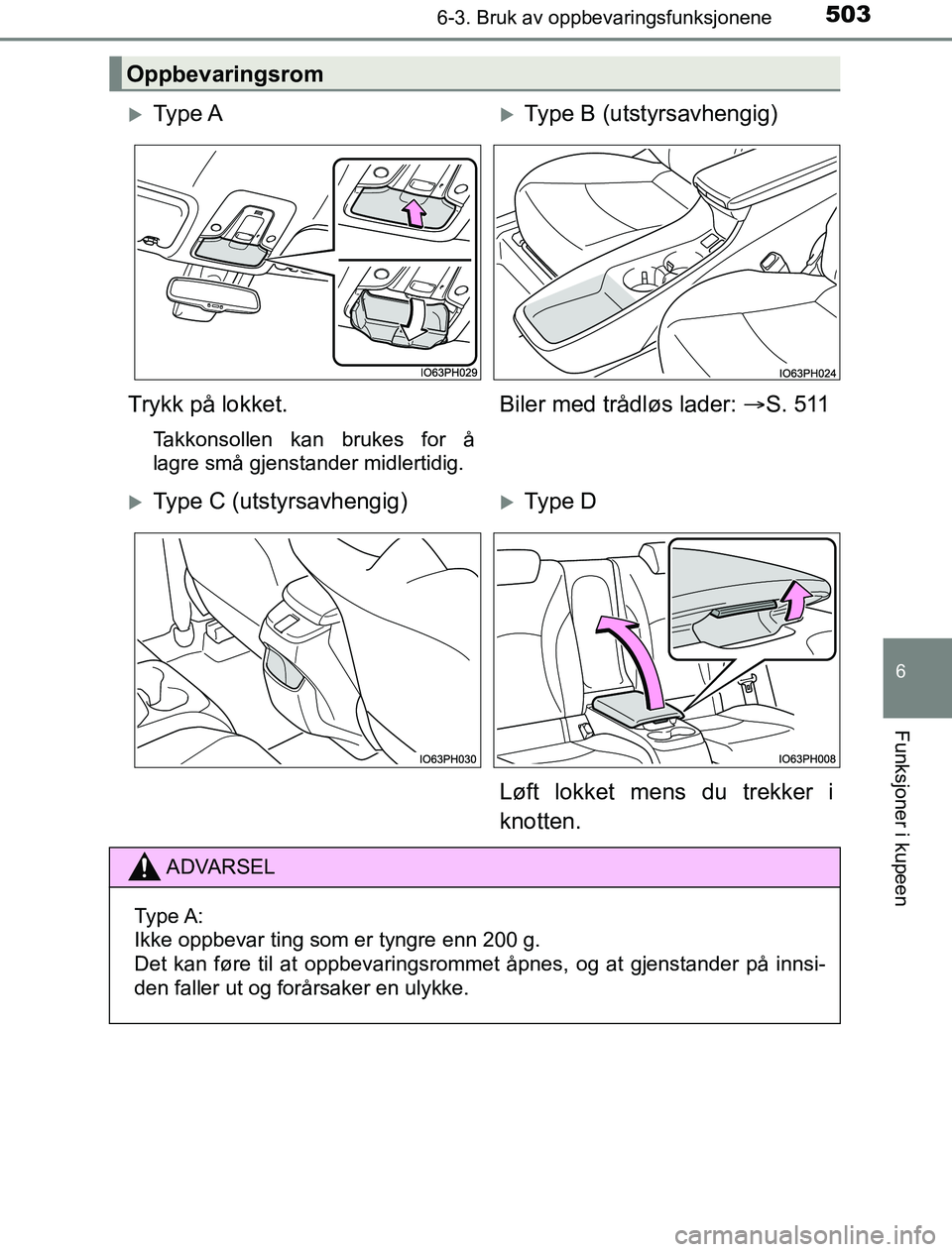 TOYOTA PRIUS PLUG-IN HYBRID 2016  Instruksjoner for bruk (in Norwegian) 5036-3. Bruk av oppbevaringsfunksjonene
OM47A89NO
6
Funksjoner i kupeen
Oppbevaringsrom
Ty p e  AType B (utstyrsavhengig)
Trykk på lokket.
Takkonsollen kan brukes for å
lagre små gjenstander 