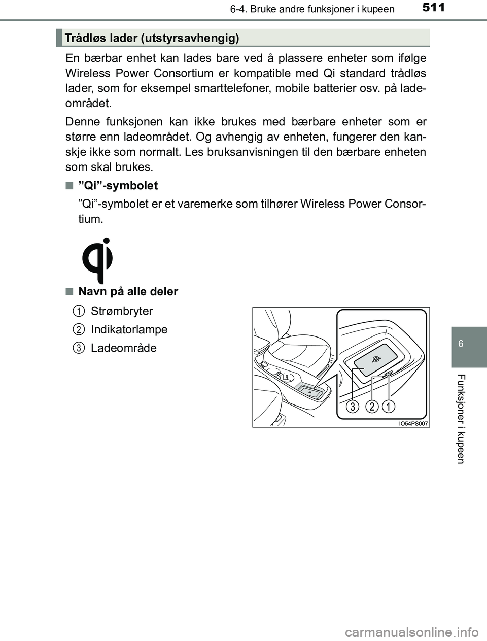 TOYOTA PRIUS PLUG-IN HYBRID 2016 Instruksjoner for bruk (in Norwegian) 5116-4. Bruke andre funksjoner i kupeen
OM47A89NO
6
Funksjoner i kupeen
En bærbar enhet kan lades bare ved å plassere enheter som ifølge
Wireless Power Consortium er ko mpatible med Qi standard tr TOYOTA PRIUS PLUG-IN HYBRID 2016 Instruksjoner for bruk (in Norwegian) 5116-4. Bruke andre funksjoner i kupeen
OM47A89NO
6
Funksjoner i kupeen
En bærbar enhet kan lades bare ved å plassere enheter som ifølge
Wireless Power Consortium er ko mpatible med Qi standard tr