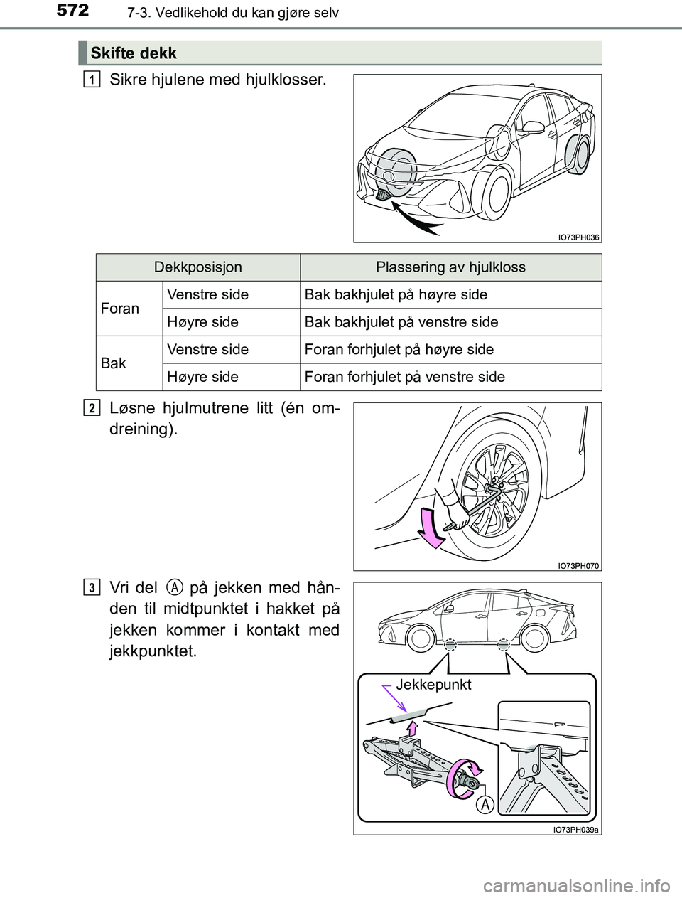 TOYOTA PRIUS PLUG-IN HYBRID 2016  Instruksjoner for bruk (in Norwegian) 5727-3. Vedlikehold du kan gjøre selv
OM47A89NO
Sikre hjulene med hjulklosser.
Løsne hjulmutrene litt (én om-
dreining).
Vri del   på jekken med hån-
den til midtpunktet i hakket på
jekken komme