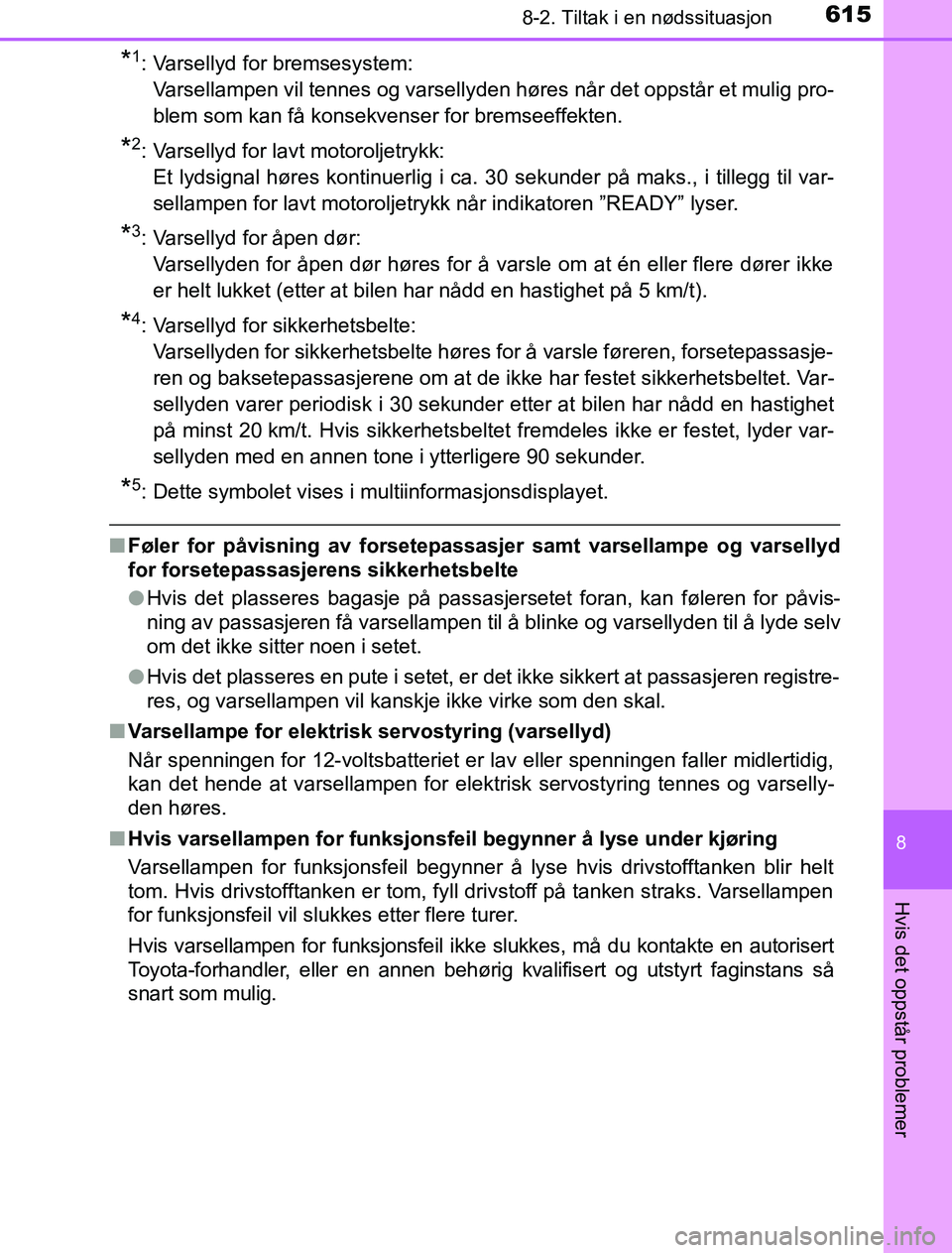 TOYOTA PRIUS PLUG-IN HYBRID 2016 Instruksjoner for bruk (in Norwegian) 6158-2. Tiltak i en nødssituasjon
OM47A89NO
8
Hvis det oppstår problemer
*1: Varsellyd for bremsesystem:Varsellampen vil tennes og varsellyden høres når det oppstår et mulig pro-
blem som kan få TOYOTA PRIUS PLUG-IN HYBRID 2016 Instruksjoner for bruk (in Norwegian) 6158-2. Tiltak i en nødssituasjon
OM47A89NO
8
Hvis det oppstår problemer
*1: Varsellyd for bremsesystem:Varsellampen vil tennes og varsellyden høres når det oppstår et mulig pro-
blem som kan få