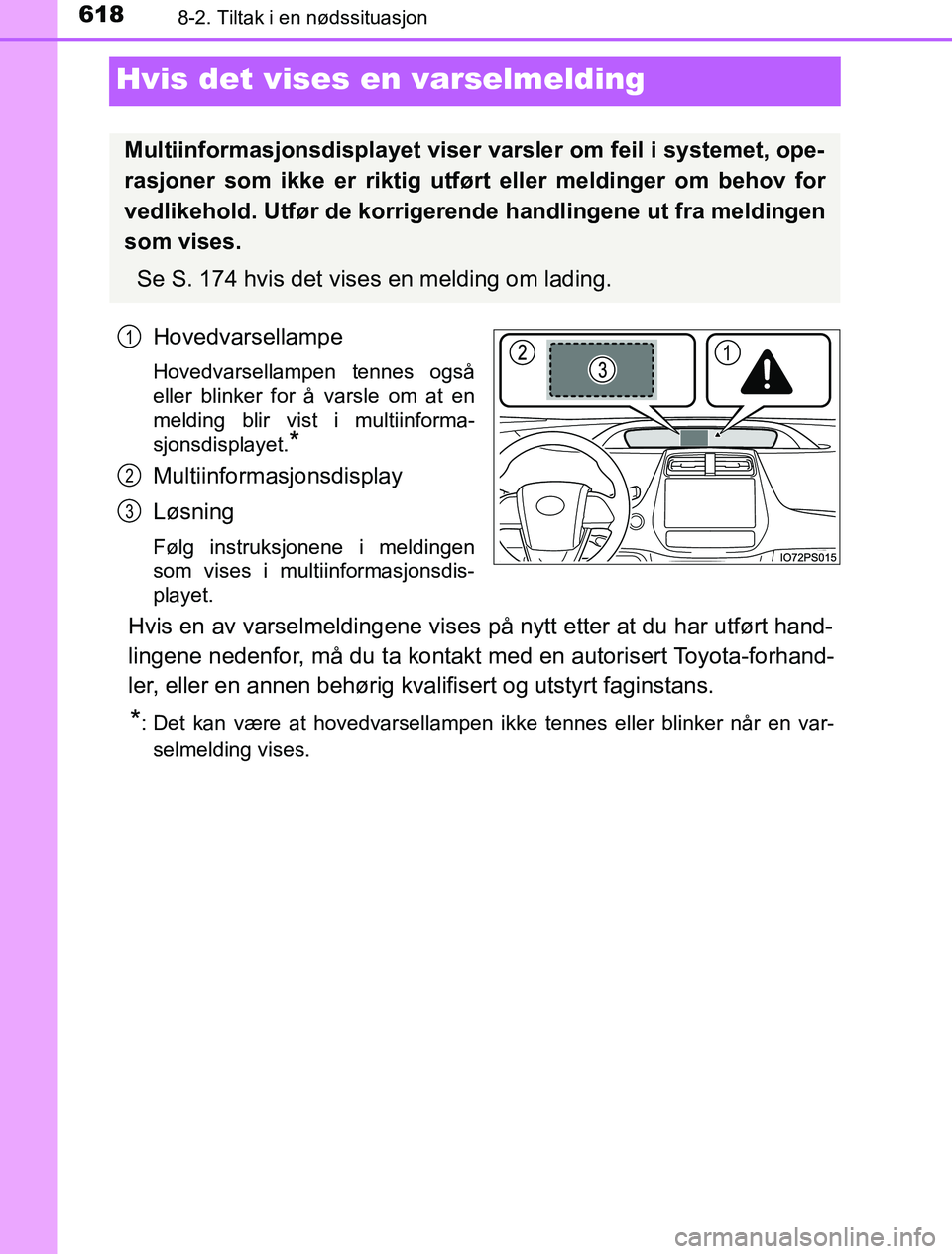 TOYOTA PRIUS PLUG-IN HYBRID 2016 Instruksjoner for bruk (in Norwegian) 6188-2. Tiltak i en nødssituasjon
OM47A89NO
Hvis det vises en varselmelding
Hovedvarsellampe
Hovedvarsellampen tennes også
eller blinker for å varsle om at en
melding blir vist i multiinforma-
sjon TOYOTA PRIUS PLUG-IN HYBRID 2016 Instruksjoner for bruk (in Norwegian) 6188-2. Tiltak i en nødssituasjon
OM47A89NO
Hvis det vises en varselmelding
Hovedvarsellampe
Hovedvarsellampen tennes også
eller blinker for å varsle om at en
melding blir vist i multiinforma-
sjon