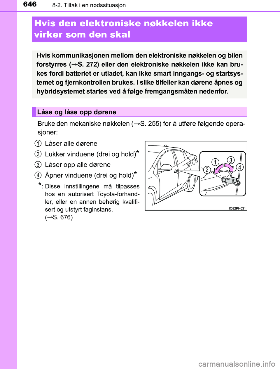TOYOTA PRIUS PLUG-IN HYBRID 2016 Instruksjoner for bruk (in Norwegian) 6468-2. Tiltak i en nødssituasjon
OM47A89NO
Hvis den elektroniske nøkkelen ikke
virker som den skal
Bruke den mekaniske nøkkelen (S. 255) for å utføre følgende opera-
sjoner:
Låser alle dø TOYOTA PRIUS PLUG-IN HYBRID 2016 Instruksjoner for bruk (in Norwegian) 6468-2. Tiltak i en nødssituasjon
OM47A89NO
Hvis den elektroniske nøkkelen ikke
virker som den skal
Bruke den mekaniske nøkkelen (S. 255) for å utføre følgende opera-
sjoner:
Låser alle dø