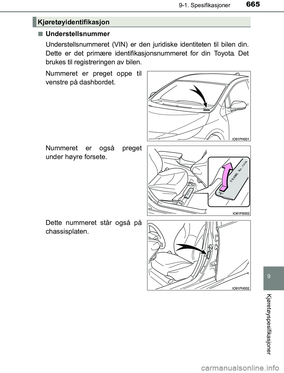 TOYOTA PRIUS PLUG-IN HYBRID 2016  Instruksjoner for bruk (in Norwegian) 6659-1. Spesifikasjoner
OM47A89NO
9
Kjøretøyspesifikasjoner
nUnderstellsnummer
Understellsnummeret (VIN) er den juridiske identiteten til bilen din.
Dette er det primære identifikasjonsnummeret for
