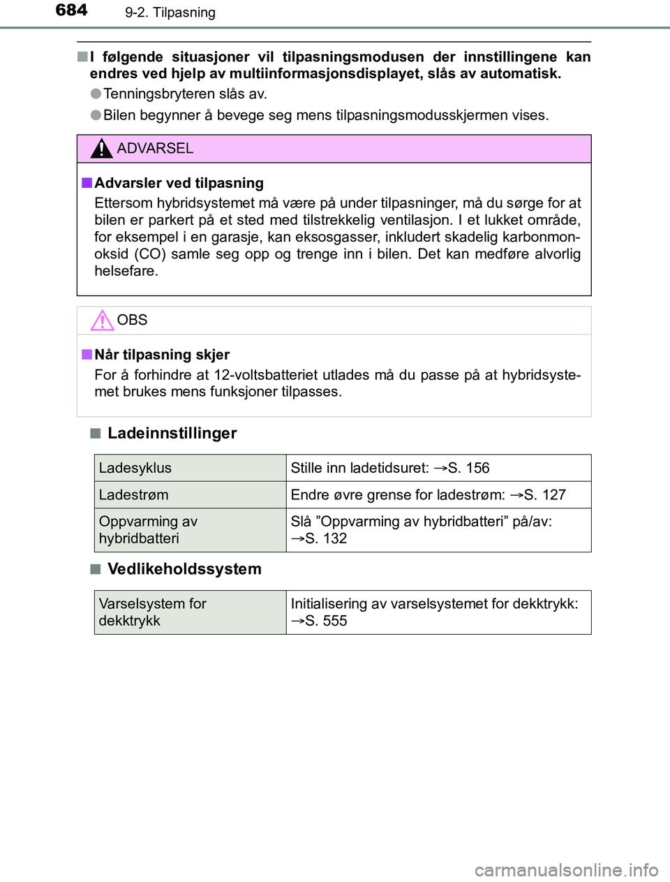 TOYOTA PRIUS PLUG-IN HYBRID 2016 Instruksjoner for bruk (in Norwegian) 6849-2. Tilpasning
OM47A89NO
nI følgende situasjoner vil tilpas ningsmodusen der innstillingene kan
endres ved hjelp av multiinformasjonsdisplayet, slås av automatisk.
l Tenningsbryteren slås av.
l TOYOTA PRIUS PLUG-IN HYBRID 2016 Instruksjoner for bruk (in Norwegian) 6849-2. Tilpasning
OM47A89NO
nI følgende situasjoner vil tilpas ningsmodusen der innstillingene kan
endres ved hjelp av multiinformasjonsdisplayet, slås av automatisk.
l Tenningsbryteren slås av.
l