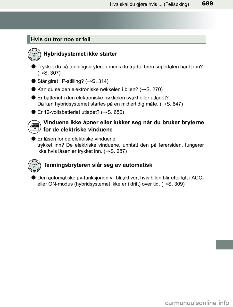 TOYOTA PRIUS PLUG-IN HYBRID 2016 Instruksjoner for bruk (in Norwegian) 689Hva skal du gjøre hvis ... (Feilsøking)
OM47A89NO
lTrykket du på tenningsbryteren mens du trådte bremsepedalen hardt inn?
(S. 307)
lStår giret i P-stilling? ( S. 314)
lKan du se den ele TOYOTA PRIUS PLUG-IN HYBRID 2016 Instruksjoner for bruk (in Norwegian) 689Hva skal du gjøre hvis ... (Feilsøking)
OM47A89NO
lTrykket du på tenningsbryteren mens du trådte bremsepedalen hardt inn?
(S. 307)
lStår giret i P-stilling? ( S. 314)
lKan du se den ele