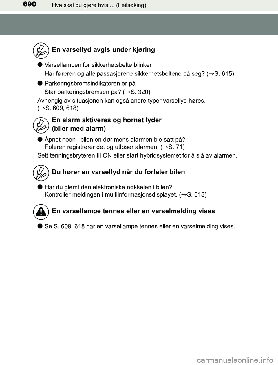 TOYOTA PRIUS PLUG-IN HYBRID 2016 Instruksjoner for bruk (in Norwegian) 690Hva skal du gjøre hvis ... (Feilsøking)
OM47A89NO
lVarsellampen for sikkerhetsbelte blinker
Har føreren og alle passasjerene sikkerhetsbeltene på seg? (S. 615)
lParkeringsbremsindikatoren er TOYOTA PRIUS PLUG-IN HYBRID 2016 Instruksjoner for bruk (in Norwegian) 690Hva skal du gjøre hvis ... (Feilsøking)
OM47A89NO
lVarsellampen for sikkerhetsbelte blinker
Har føreren og alle passasjerene sikkerhetsbeltene på seg? (S. 615)
lParkeringsbremsindikatoren er