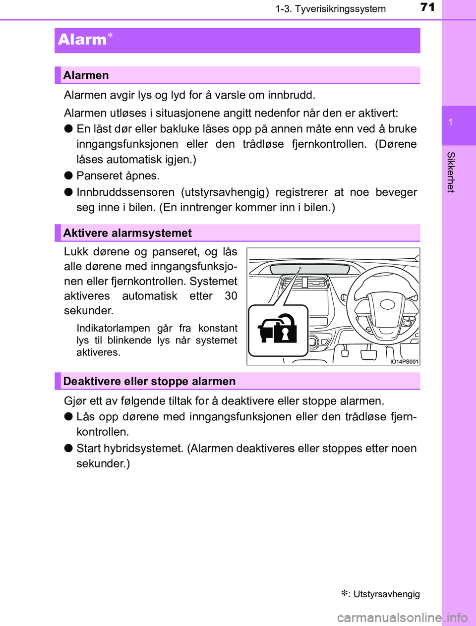 TOYOTA PRIUS PLUG-IN HYBRID 2016 Instruksjoner for bruk (in Norwegian) 71
1
1-3. Tyverisikringssystem
OM47A89NO
Sikkerhet
Alarm
Alarmen avgir lys og lyd for å varsle om innbrudd.
Alarmen utløses i situasjonene angitt nedenfor når den er aktivert:
lEn låst dør ell TOYOTA PRIUS PLUG-IN HYBRID 2016 Instruksjoner for bruk (in Norwegian) 71
1
1-3. Tyverisikringssystem
OM47A89NO
Sikkerhet
Alarm
Alarmen avgir lys og lyd for å varsle om innbrudd.
Alarmen utløses i situasjonene angitt nedenfor når den er aktivert:
lEn låst dør ell