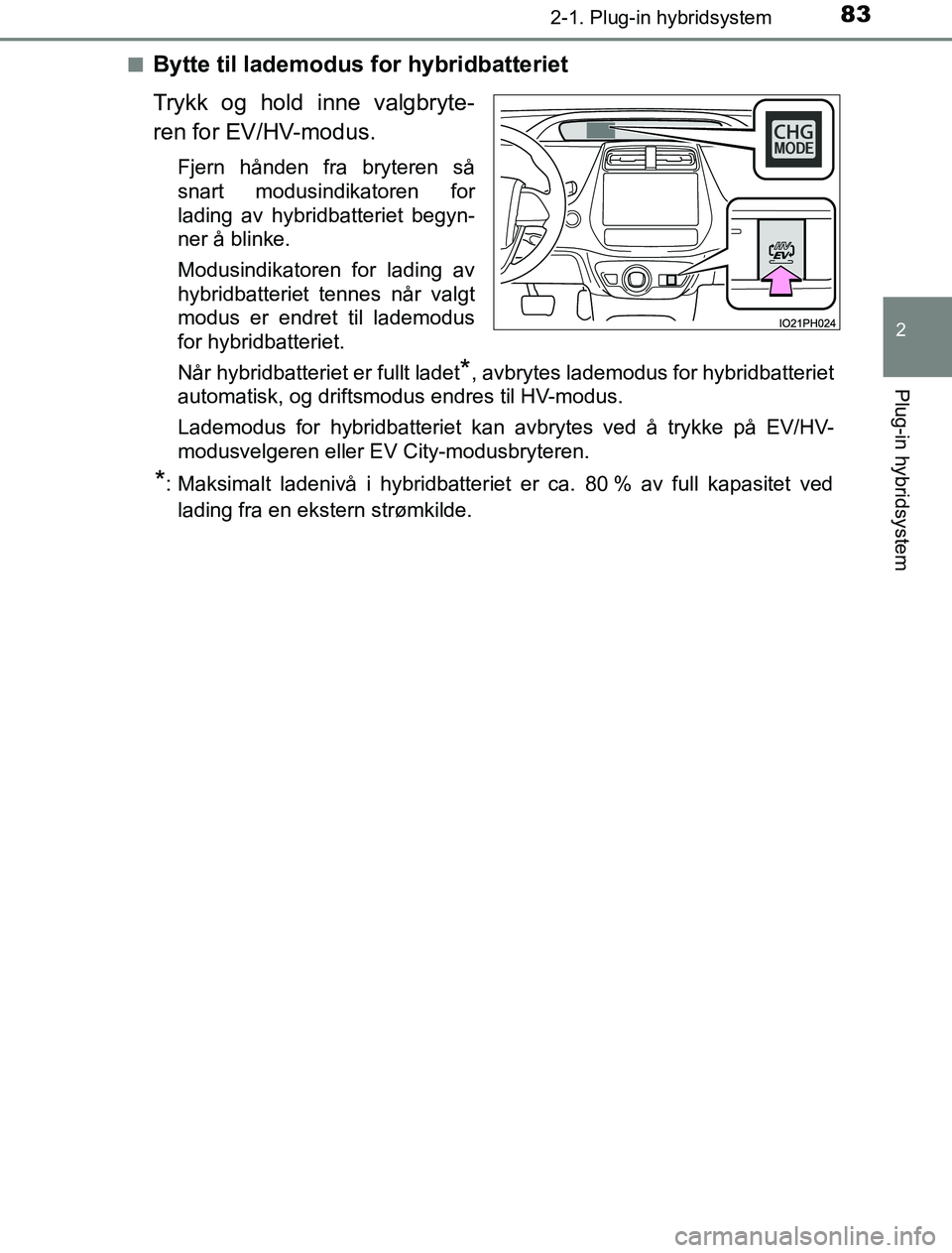 TOYOTA PRIUS PLUG-IN HYBRID 2016 Instruksjoner for bruk (in Norwegian) 832-1. Plug-in hybridsystem
2
Plug-in hybridsystem
OM47A89NOn
Bytte til lademodus for hybridbatteriet
Trykk og hold inne valgbryte-
ren for EV/HV-modus.
Fjern hånden fra bryteren så
snart modusindik TOYOTA PRIUS PLUG-IN HYBRID 2016 Instruksjoner for bruk (in Norwegian) 832-1. Plug-in hybridsystem
2
Plug-in hybridsystem
OM47A89NOn
Bytte til lademodus for hybridbatteriet
Trykk og hold inne valgbryte-
ren for EV/HV-modus.
Fjern hånden fra bryteren så
snart modusindik