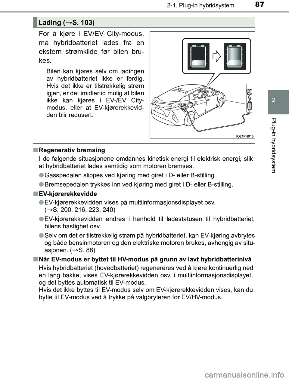 TOYOTA PRIUS PLUG-IN HYBRID 2016 Instruksjoner for bruk (in Norwegian) 872-1. Plug-in hybridsystem
2
Plug-in hybridsystem
OM47A89NO
For å kjøre i EV/EV City-modus,
må hybridbatteriet lades fra en
ekstern strømkilde før bilen bru-
kes.
Bilen kan kjøres selv om ladin TOYOTA PRIUS PLUG-IN HYBRID 2016 Instruksjoner for bruk (in Norwegian) 872-1. Plug-in hybridsystem
2
Plug-in hybridsystem
OM47A89NO
For å kjøre i EV/EV City-modus,
må hybridbatteriet lades fra en
ekstern strømkilde før bilen bru-
kes.
Bilen kan kjøres selv om ladin