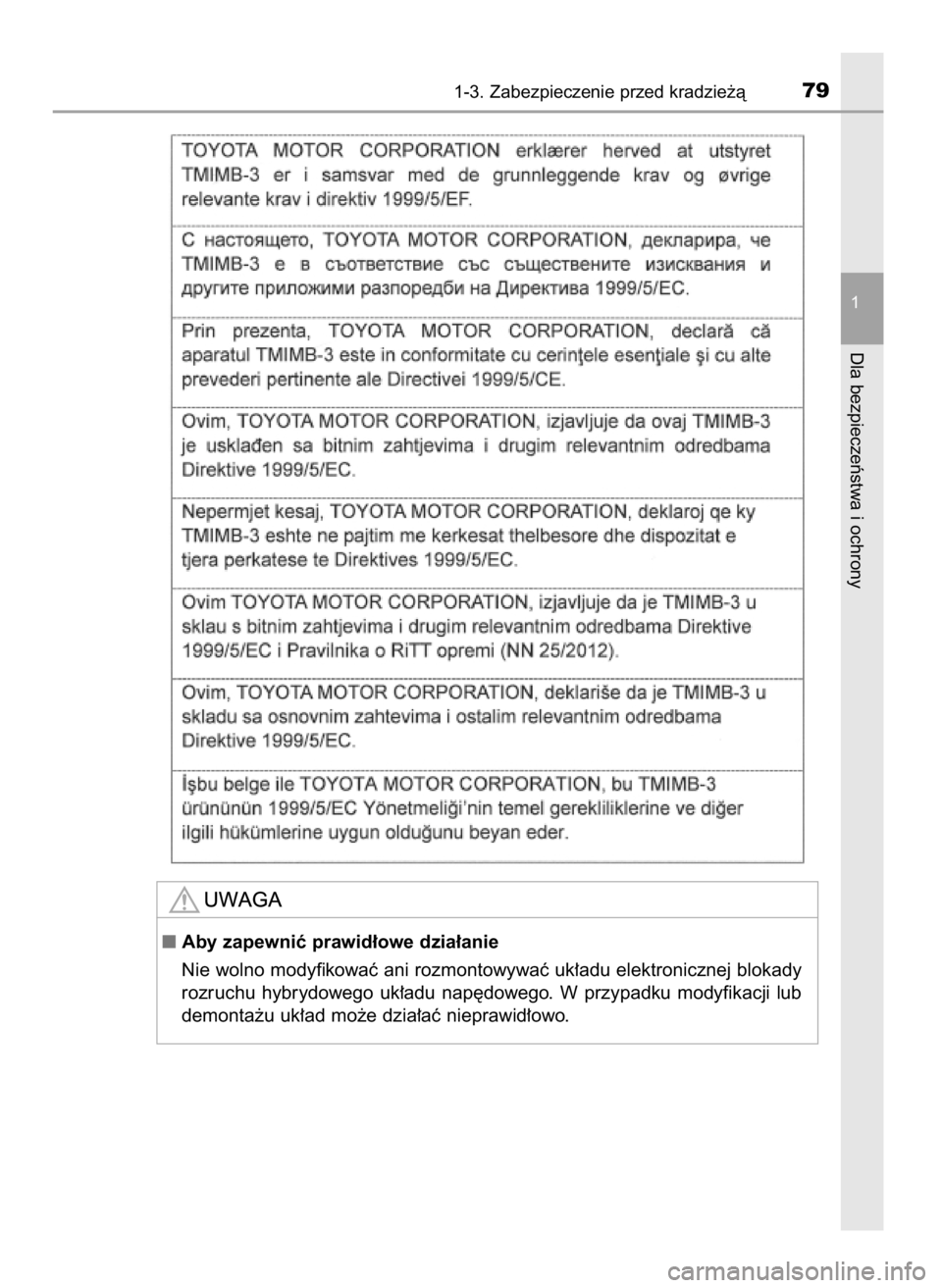 TOYOTA PRIUS PLUG-IN HYBRID 2016  Instrukcja obsługi (in Polish) 1-3. Zabezpieczenie przed kradzie˝à79
1
Dla bezpieczeƒstwa i ochrony
Aby zapewniç prawid∏owe dzia∏anie
Nie wolno modyfikowaç ani rozmontowywaç uk∏adu elektronicznej blokady
rozruchu  hybr