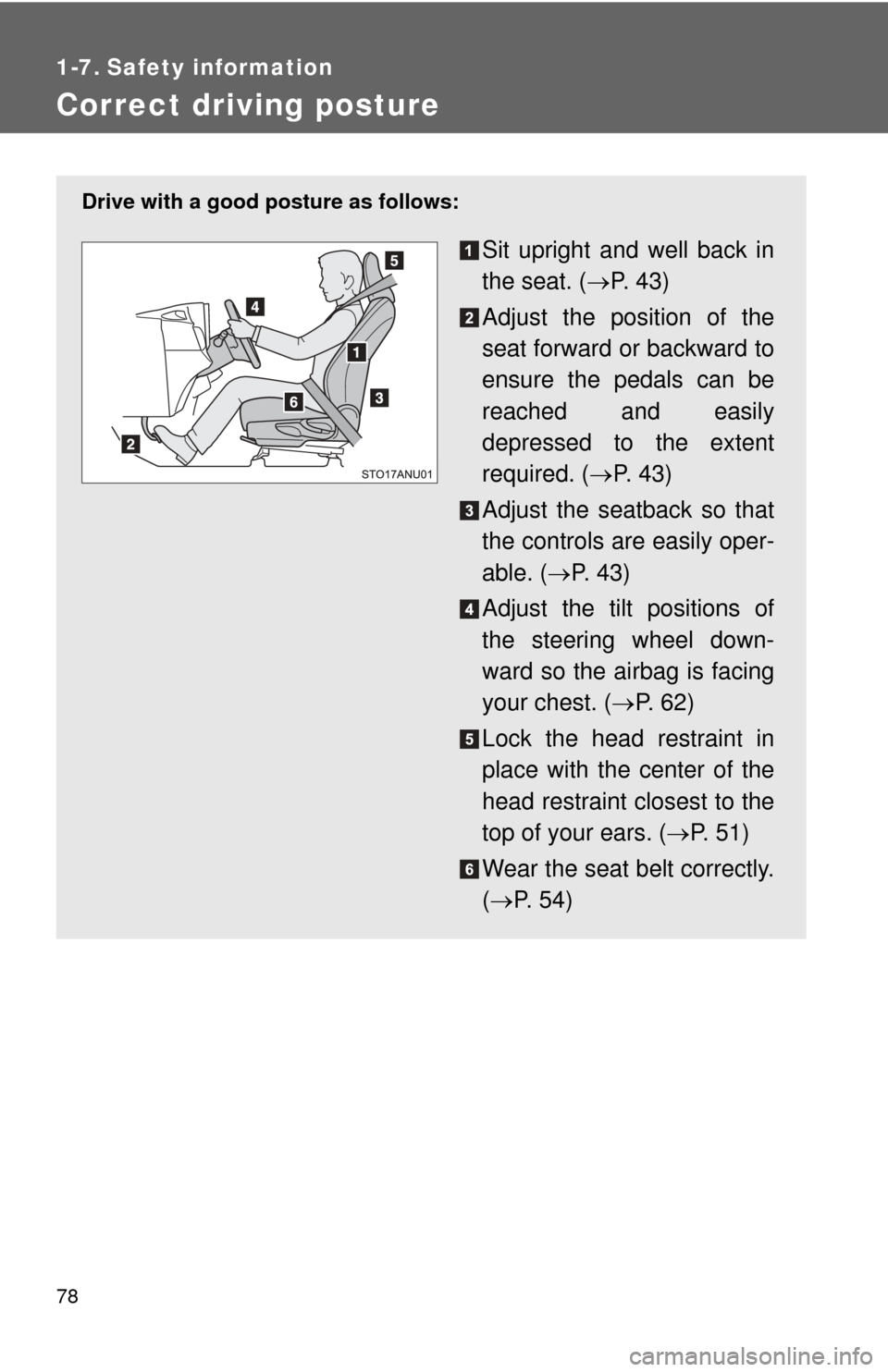 TOYOTA YARIS 2014 3.G Owners Manual 78
1-7. Safety information
Correct driving posture
Drive with a good posture as follows:
Sit upright and well back in
the seat. (P.  4 3 )
Adjust the position of the
seat forward or backward to
ens