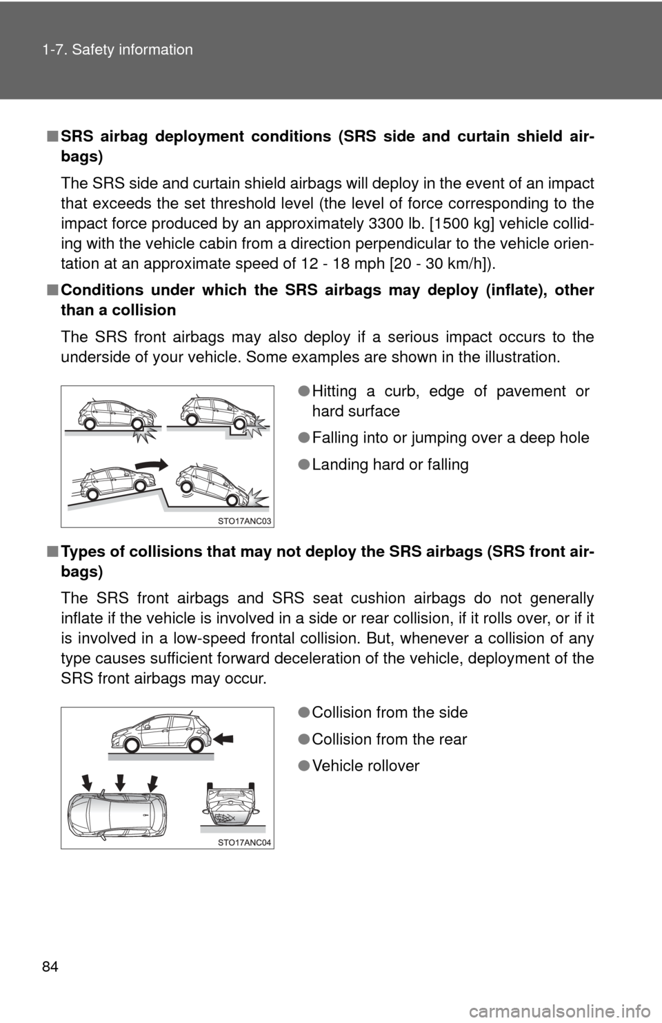 TOYOTA YARIS 2014 3.G User Guide 84 1-7. Safety information
■SRS airbag deployment conditions (S RS side and curtain shield air-
bags)
The SRS side and curtain shield airbags will deploy in the event of an impact
that exceeds the s