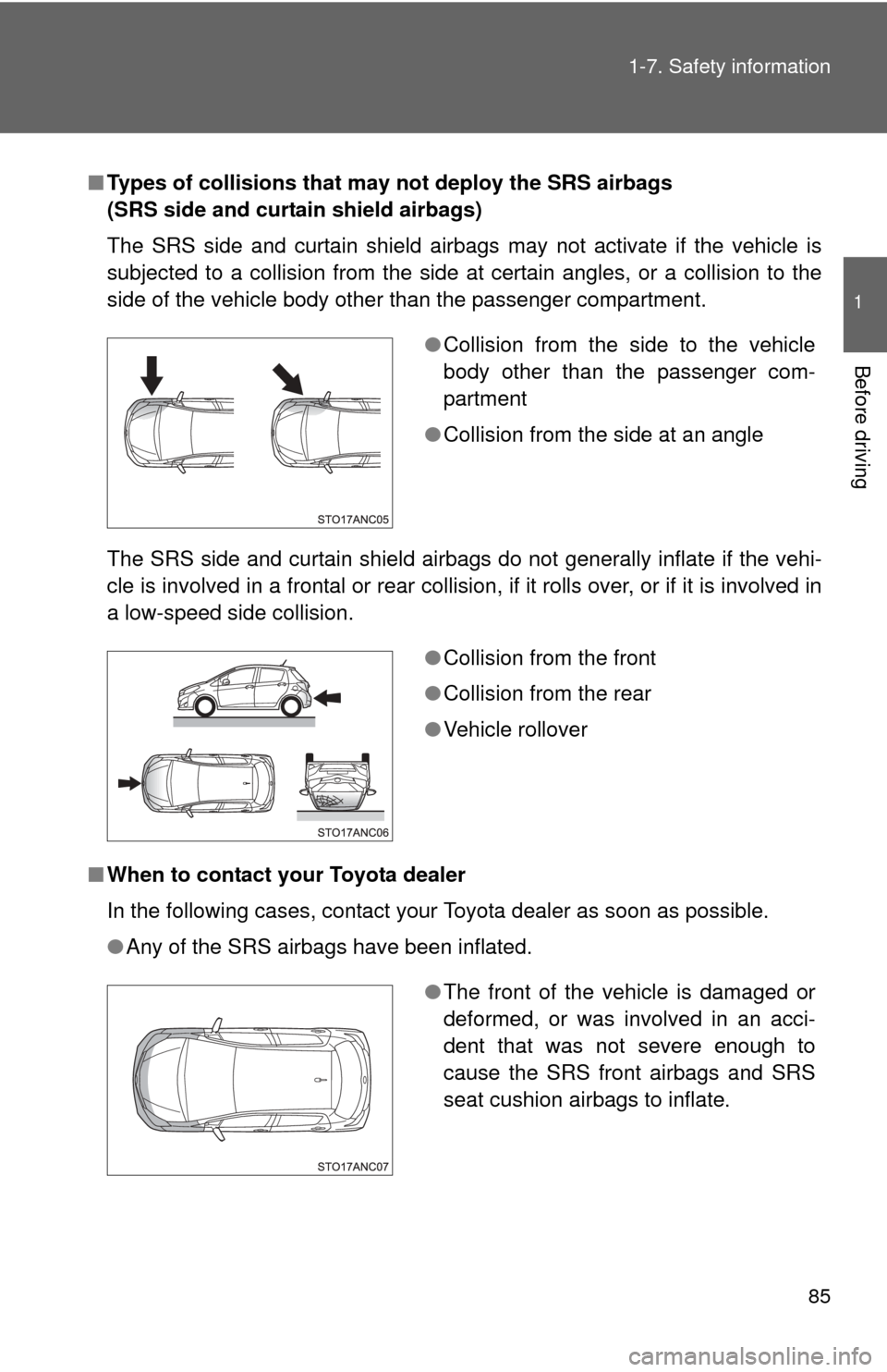 TOYOTA YARIS 2014 3.G Owners Manual 85
1-7. Safety information
1
Before driving
■
Types of collisions that may not deploy the SRS airbags 
(SRS side and curtain shield airbags)
The SRS side and curtain shield airbags may not activate 