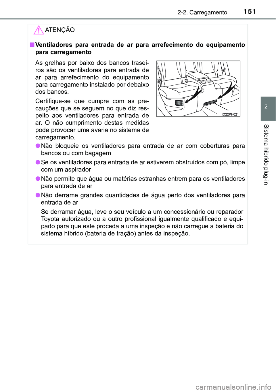 TOYOTA PRIUS PLUG-IN HYBRID 2016 Manual de utilização (in Portuguese) 1512-2. Carregamento
2
Sistema híbrido plug-in
ATENÇÃO
nVentiladores para entrada de ar para arrefecimento do equipamento
para carregamento
lNão bloqueie os ventiladores para entrada TOYOTA PRIUS PLUG-IN HYBRID 2016 Manual de utilização (in Portuguese) 1512-2. Carregamento
2
Sistema híbrido plug-in
ATENÇÃO
nVentiladores para entrada de ar para arrefecimento do equipamento
para carregamento
lNão bloqueie os ventiladores para entrada