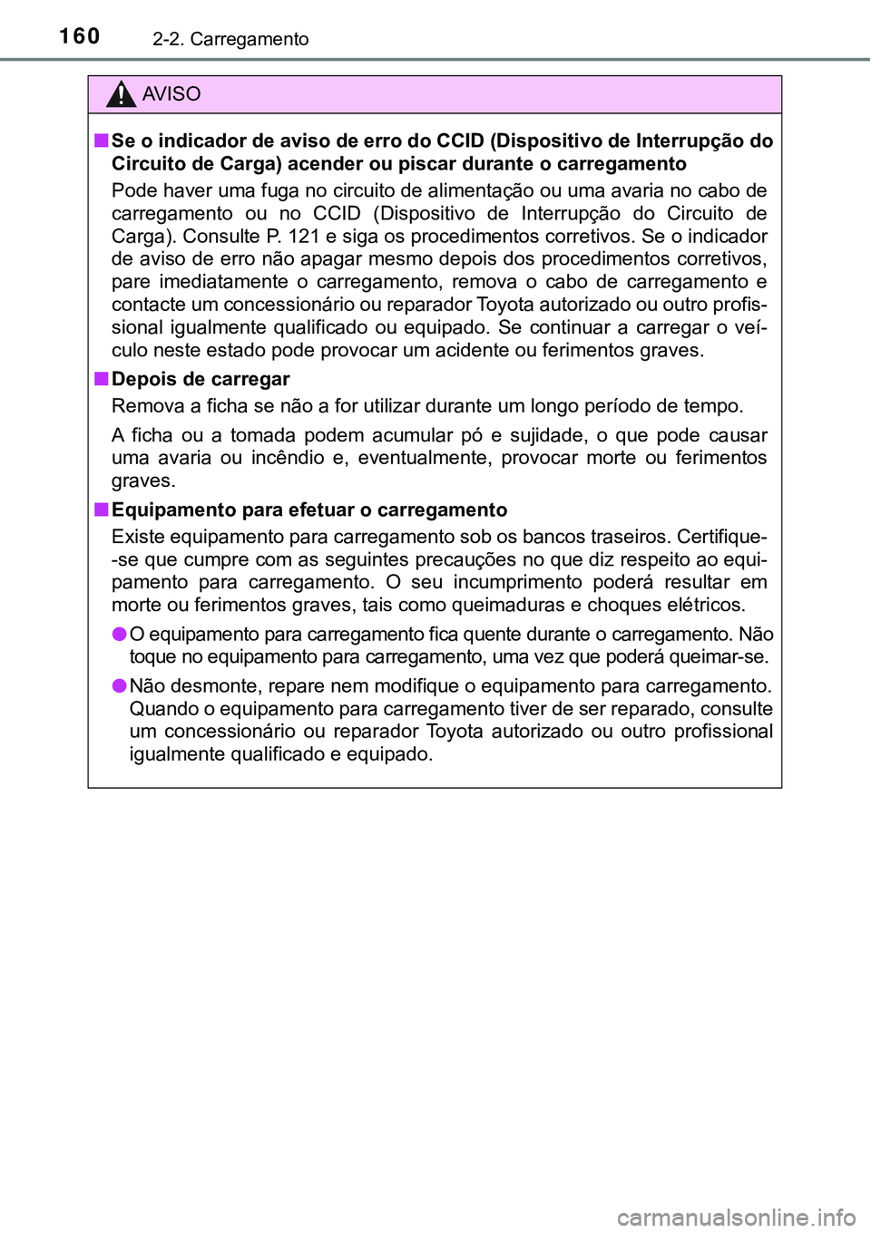 TOYOTA PRIUS PLUG-IN HYBRID 2016 Manual de utilização (in Portuguese) 1602-2. Carregamento
AV I S O
nSe o indicador de aviso de erro do CCID (Dispositivo de Interrupção do
Circuito de Carga) acender ou piscar durante o carregamento
Pode haver uma fuga no circuito de a TOYOTA PRIUS PLUG-IN HYBRID 2016 Manual de utilização (in Portuguese) 1602-2. Carregamento
AV I S O
nSe o indicador de aviso de erro do CCID (Dispositivo de Interrupção do
Circuito de Carga) acender ou piscar durante o carregamento
Pode haver uma fuga no circuito de a