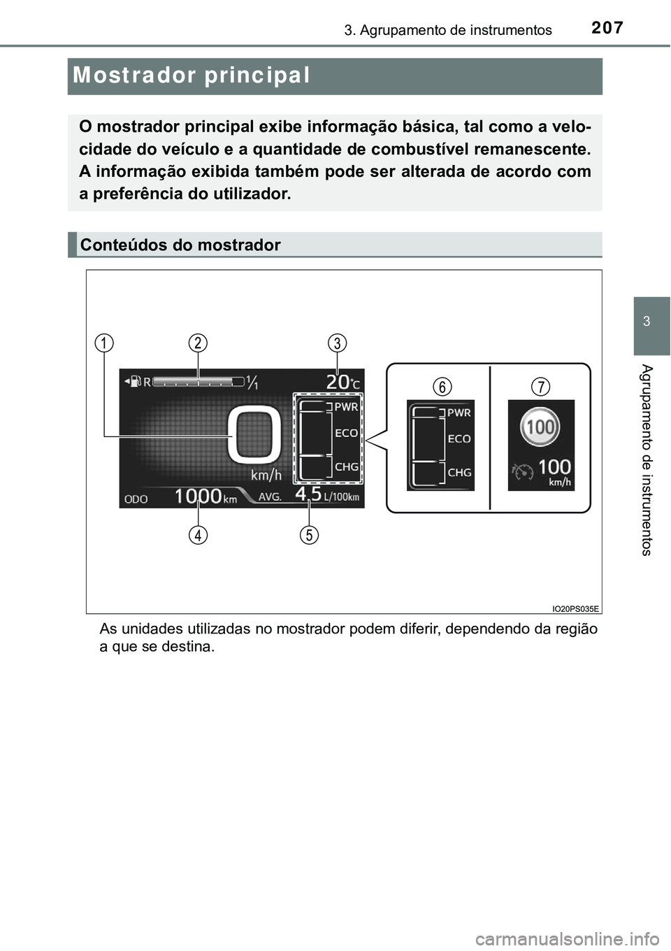 TOYOTA PRIUS PLUG-IN HYBRID 2016 Manual de utilização (in Portuguese) 2073. Agrupamento de instrumentos
3
Agrupamento de instrumentos
Mostrador principal
As unidades utilizadas no mostrador podem diferir, dependendo da região
a que se destina.
O mostrador principal exi TOYOTA PRIUS PLUG-IN HYBRID 2016 Manual de utilização (in Portuguese) 2073. Agrupamento de instrumentos
3
Agrupamento de instrumentos
Mostrador principal
As unidades utilizadas no mostrador podem diferir, dependendo da região
a que se destina.
O mostrador principal exi