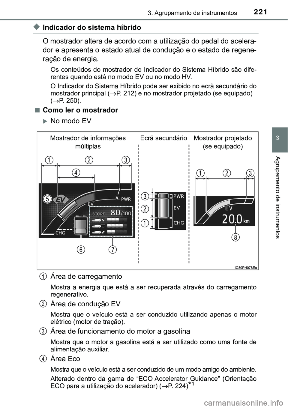 TOYOTA PRIUS PLUG-IN HYBRID 2016 Manual de utilização (in Portuguese) 2213. Agrupamento de instrumentos
3
Agrupamento de instrumentos
uIndicador do sistema híbrido
O mostrador altera de acordo com a utilização do pedal do acelera-
dor e apresenta o estado atual de co TOYOTA PRIUS PLUG-IN HYBRID 2016 Manual de utilização (in Portuguese) 2213. Agrupamento de instrumentos
3
Agrupamento de instrumentos
uIndicador do sistema híbrido
O mostrador altera de acordo com a utilização do pedal do acelera-
dor e apresenta o estado atual de co