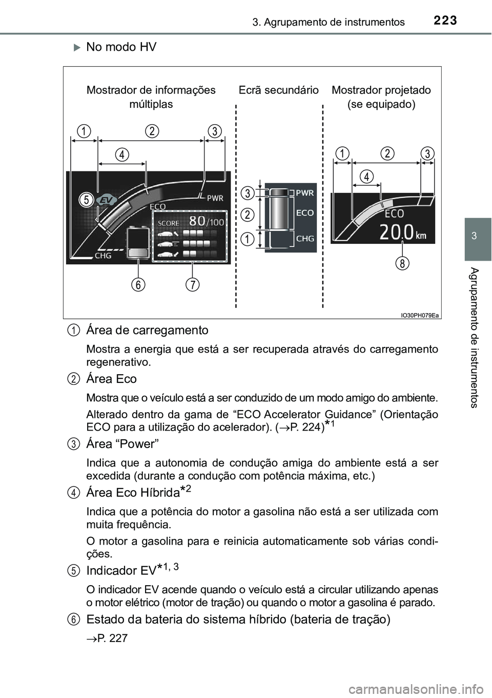 TOYOTA PRIUS PLUG-IN HYBRID 2016 Manual de utilização (in Portuguese) 2233. Agrupamento de instrumentos
3
Agrupamento de instrumentos
No modo HV
Área de carregamento
Mostra a energia que está a ser recuperada através do carregamento
regenerativo.
Área E TOYOTA PRIUS PLUG-IN HYBRID 2016 Manual de utilização (in Portuguese) 2233. Agrupamento de instrumentos
3
Agrupamento de instrumentos
No modo HV
Área de carregamento
Mostra a energia que está a ser recuperada através do carregamento
regenerativo.
Área E