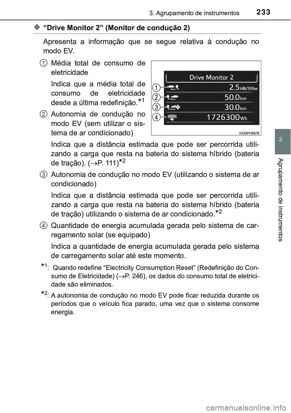 TOYOTA PRIUS PLUG-IN HYBRID 2016 Manual de utilização (in Portuguese) 2333. Agrupamento de instrumentos
3
Agrupamento de instrumentos
u“Drive Monitor 2” (Monitor de condução 2)
Apresenta a informação que se segue relativa à condução no
modo EV.
Méd TOYOTA PRIUS PLUG-IN HYBRID 2016 Manual de utilização (in Portuguese) 2333. Agrupamento de instrumentos
3
Agrupamento de instrumentos
u“Drive Monitor 2” (Monitor de condução 2)
Apresenta a informação que se segue relativa à condução no
modo EV.
Méd