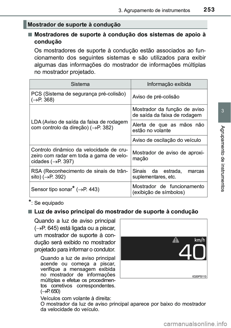 TOYOTA PRIUS PLUG-IN HYBRID 2016 Manual de utilização (in Portuguese) 2533. Agrupamento de instrumentos
3
Agrupamento de instrumentos
nMostradores de suporte à condução dos sistemas de apoio à
condução
Os mostradores de suporte à condução estão TOYOTA PRIUS PLUG-IN HYBRID 2016 Manual de utilização (in Portuguese) 2533. Agrupamento de instrumentos
3
Agrupamento de instrumentos
nMostradores de suporte à condução dos sistemas de apoio à
condução
Os mostradores de suporte à condução estão