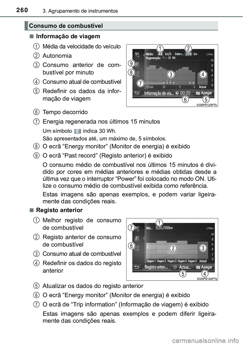 TOYOTA PRIUS PLUG-IN HYBRID 2016 Manual de utilização (in Portuguese) 2603. Agrupamento de instrumentos
nInformação de viagem
Média da velocidade do veículo
Autonomia
Consumo anterior de com-
bustível por minuto
Consumo atual de combustível
Redefinir os dados TOYOTA PRIUS PLUG-IN HYBRID 2016 Manual de utilização (in Portuguese) 2603. Agrupamento de instrumentos
nInformação de viagem
Média da velocidade do veículo
Autonomia
Consumo anterior de com-
bustível por minuto
Consumo atual de combustível
Redefinir os dados