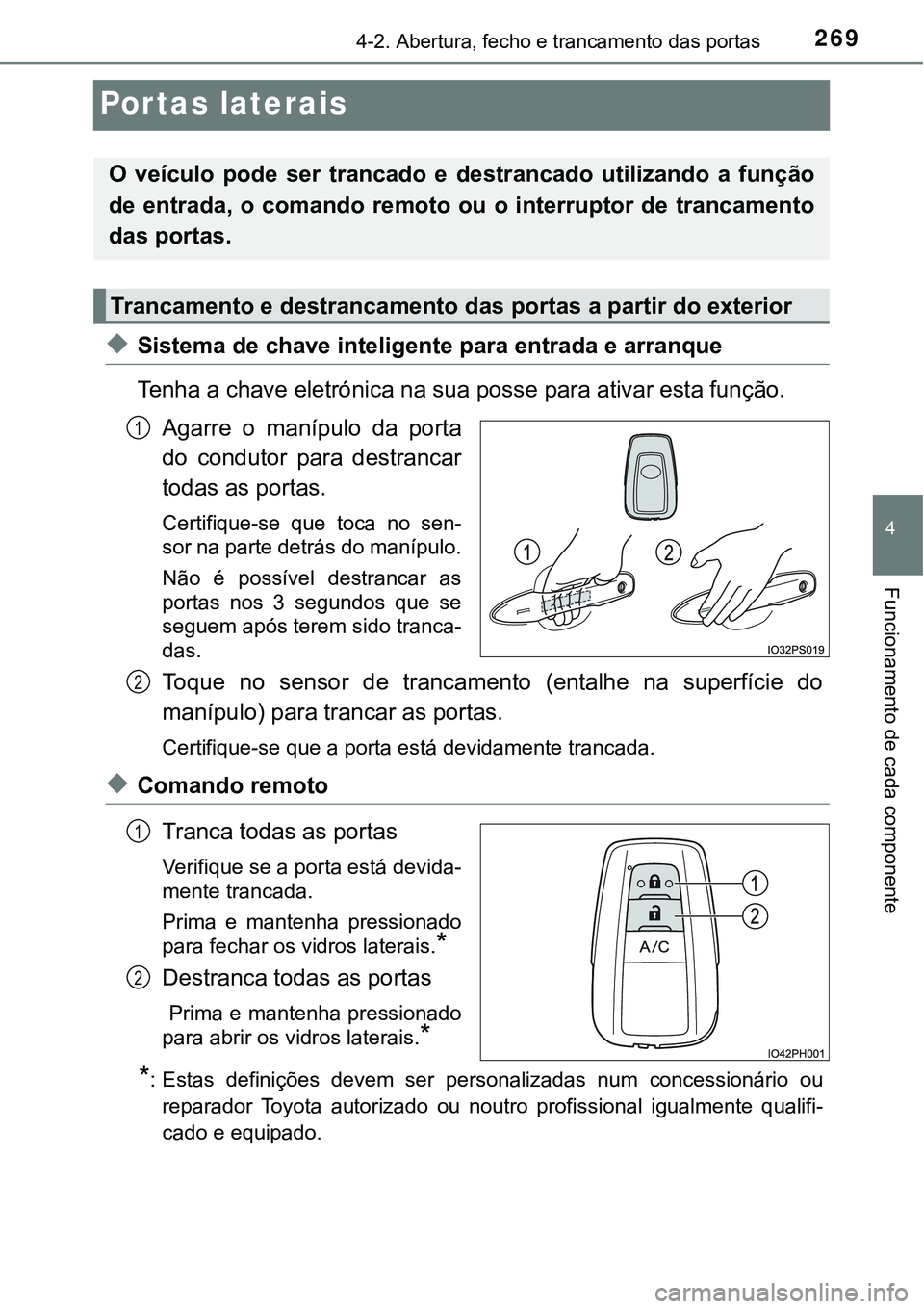 TOYOTA PRIUS PLUG-IN HYBRID 2016 Manual de utilização (in Portuguese) 2694-2. Abertura, fecho e trancamento das portas
4
Funcionamento de cada componente
Portas laterais
uSistema de chave inteligente para entrada e arranque
Tenha a chave eletrónica na sua posse para at TOYOTA PRIUS PLUG-IN HYBRID 2016 Manual de utilização (in Portuguese) 2694-2. Abertura, fecho e trancamento das portas
4
Funcionamento de cada componente
Portas laterais
uSistema de chave inteligente para entrada e arranque
Tenha a chave eletrónica na sua posse para at