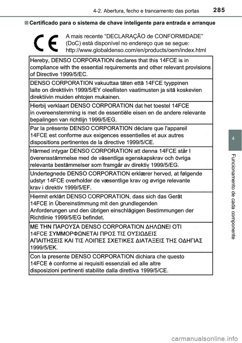 TOYOTA PRIUS PLUG-IN HYBRID 2016 Manual de utilização (in Portuguese) 2854-2. Abertura, fecho e trancamento das portas
4
Funcionamento de cada componente
nCertificado para o sistema de chave inteligente para entrada e arranque
A mais recente “DECLARAÇÃO de CONFORMID TOYOTA PRIUS PLUG-IN HYBRID 2016 Manual de utilização (in Portuguese) 2854-2. Abertura, fecho e trancamento das portas
4
Funcionamento de cada componente
nCertificado para o sistema de chave inteligente para entrada e arranque
A mais recente “DECLARAÇÃO de CONFORMID