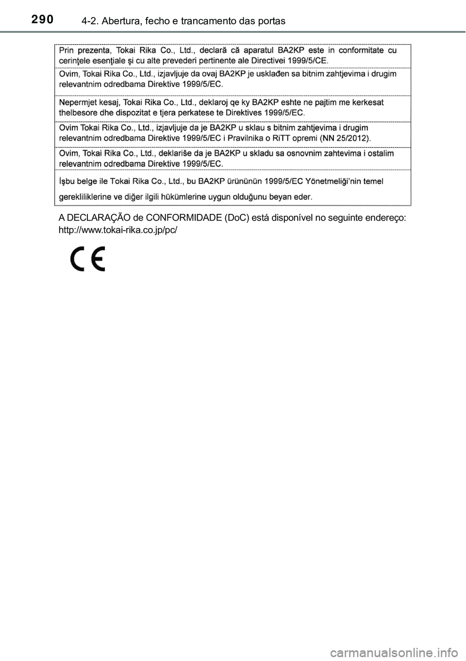 TOYOTA PRIUS PLUG-IN HYBRID 2016 Manual de utilização (in Portuguese) 2904-2. Abertura, fecho e trancamento das portas
A DECLARAÇÃO de CONFORMIDADE (DoC) está disponível no seguinte endereço:
http://www.tokai-rika.co.jp/pc/ TOYOTA PRIUS PLUG-IN HYBRID 2016 Manual de utilização (in Portuguese) 2904-2. Abertura, fecho e trancamento das portas
A DECLARAÇÃO de CONFORMIDADE (DoC) está disponível no seguinte endereço:
http://www.tokai-rika.co.jp/pc/