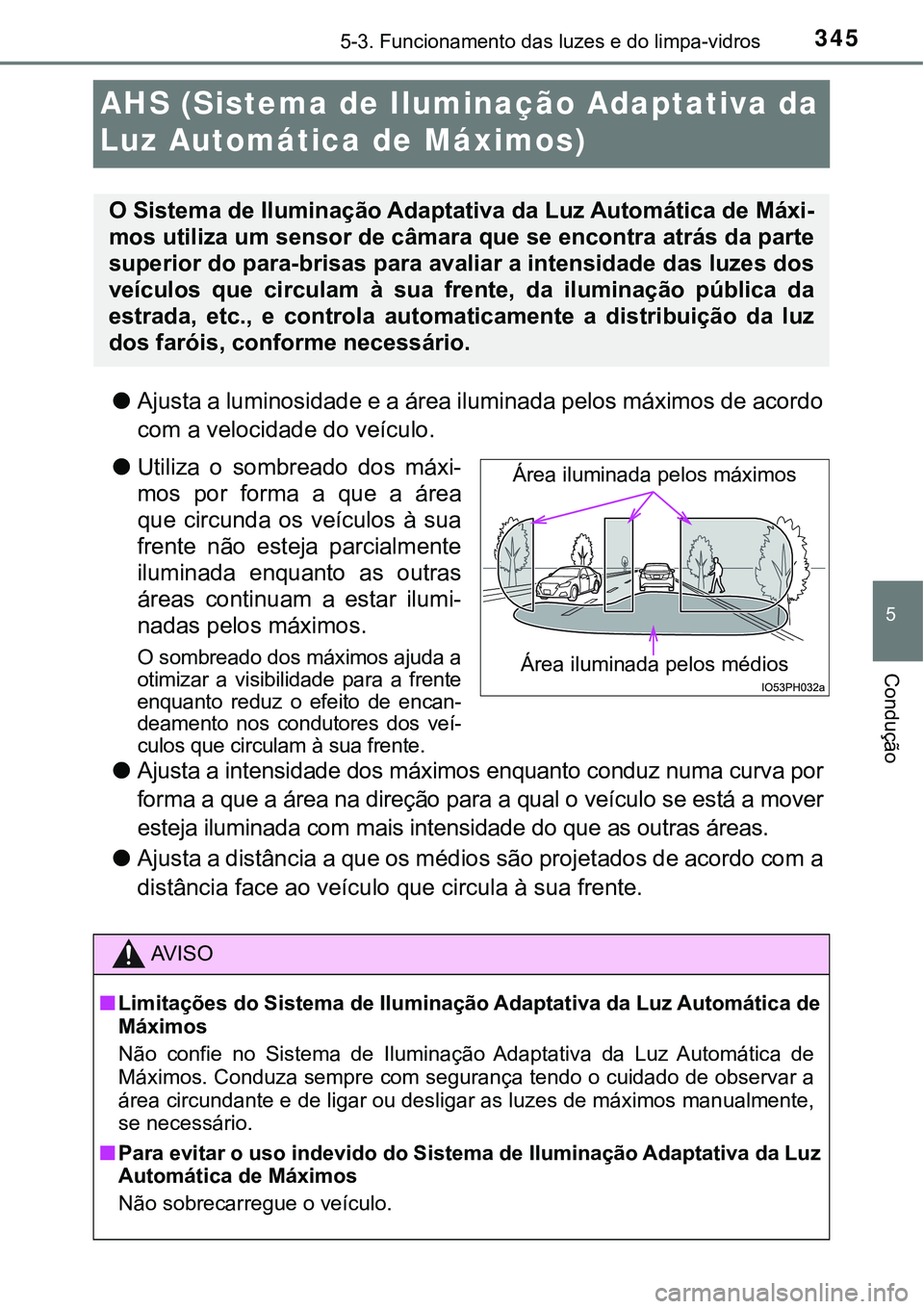 TOYOTA PRIUS PLUG-IN HYBRID 2016  Manual de utilização (in Portuguese) 3455-3. Funcionamento das luzes e do limpa-vidros
5
Condução
AHS (Sistema de Iluminação Adaptativa da 
Luz Automática de Máximos)
lAjusta a luminosidade e a área iluminada pelos máximos de aco