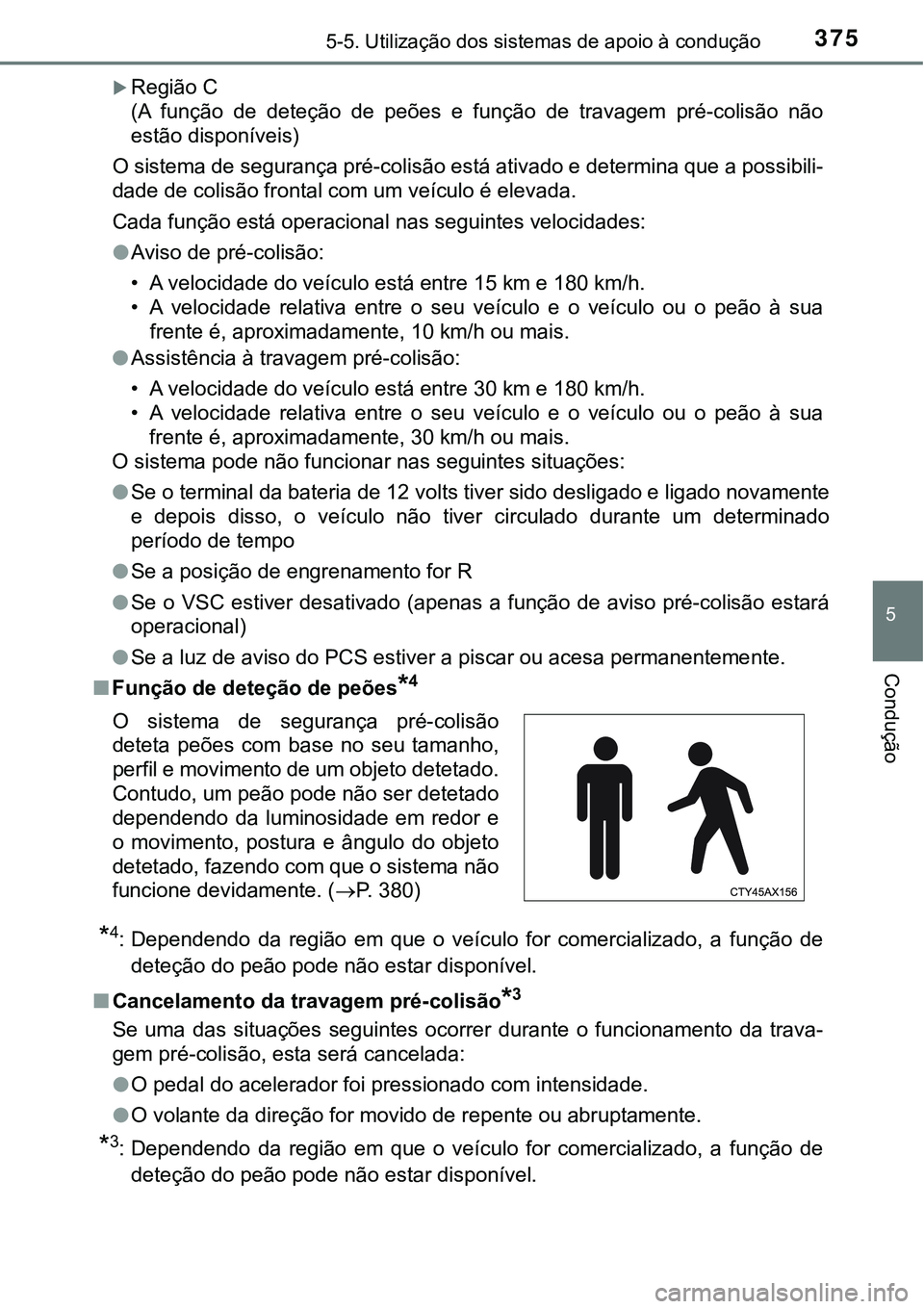 TOYOTA PRIUS PLUG-IN HYBRID 2016 Manual de utilização (in Portuguese) 3755-5. Utilização dos sistemas de apoio à condução
5
Condução
Região C
(A função de deteção de peões e função de travagem pré-colisão não
estão disponíveis)
O sistema TOYOTA PRIUS PLUG-IN HYBRID 2016 Manual de utilização (in Portuguese) 3755-5. Utilização dos sistemas de apoio à condução
5
Condução
Região C
(A função de deteção de peões e função de travagem pré-colisão não
estão disponíveis)
O sistema