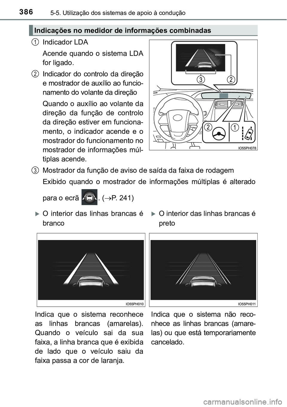 TOYOTA PRIUS PLUG-IN HYBRID 2016 Manual de utilização (in Portuguese) 3865-5. Utilização dos sistemas de apoio à condução
Indicador LDA
Acende quando o sistema LDA
for ligado.
Indicador do controlo da direção
e mostrador de auxílio ao funcio-
namento do TOYOTA PRIUS PLUG-IN HYBRID 2016 Manual de utilização (in Portuguese) 3865-5. Utilização dos sistemas de apoio à condução
Indicador LDA
Acende quando o sistema LDA
for ligado.
Indicador do controlo da direção
e mostrador de auxílio ao funcio-
namento do