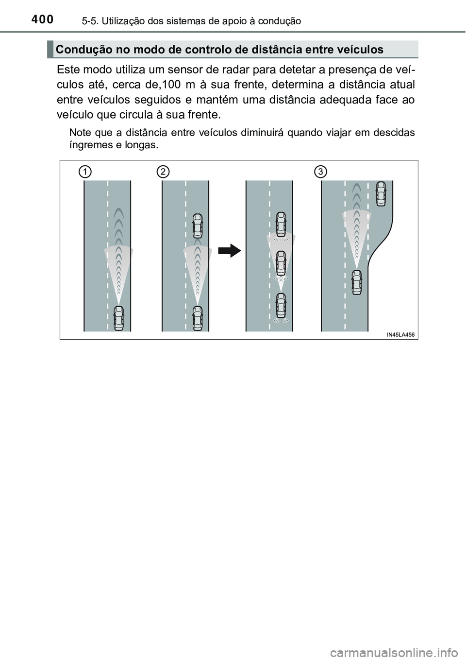 TOYOTA PRIUS PLUG-IN HYBRID 2016 Manual de utilização (in Portuguese) 4005-5. Utilização dos sistemas de apoio à condução
Este modo utiliza um sensor de radar para detetar a presença de veí-
culos até, cerca de,100 m à sua frente, determina a distânc TOYOTA PRIUS PLUG-IN HYBRID 2016 Manual de utilização (in Portuguese) 4005-5. Utilização dos sistemas de apoio à condução
Este modo utiliza um sensor de radar para detetar a presença de veí-
culos até, cerca de,100 m à sua frente, determina a distânc