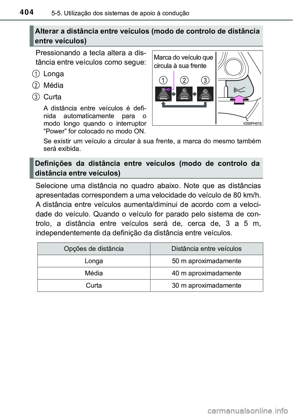TOYOTA PRIUS PLUG-IN HYBRID 2016 Manual de utilização (in Portuguese) 4045-5. Utilização dos sistemas de apoio à condução
Pressionando a tecla altera a dis-
tância entre veículos como segue:
Longa
Média
Curta
A distância entre veículos é defi-
nida TOYOTA PRIUS PLUG-IN HYBRID 2016 Manual de utilização (in Portuguese) 4045-5. Utilização dos sistemas de apoio à condução
Pressionando a tecla altera a dis-
tância entre veículos como segue:
Longa
Média
Curta
A distância entre veículos é defi-
nida