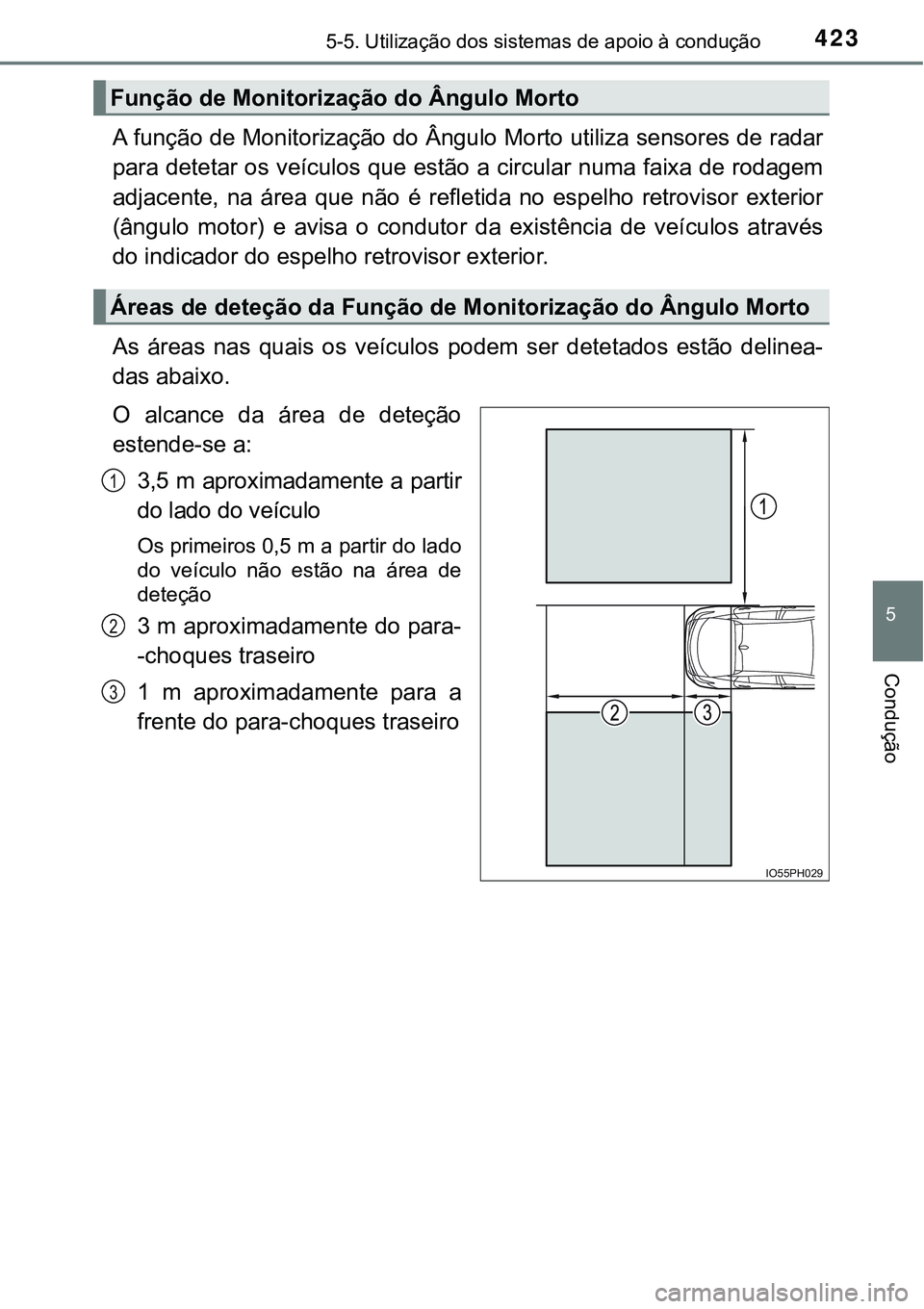 TOYOTA PRIUS PLUG-IN HYBRID 2016 Manual de utilização (in Portuguese) 4235-5. Utilização dos sistemas de apoio à condução
5
Condução
A função de Monitorização do Ângulo Morto utiliza sensores de radar
para detetar os veículos que estão a circular numa faix TOYOTA PRIUS PLUG-IN HYBRID 2016 Manual de utilização (in Portuguese) 4235-5. Utilização dos sistemas de apoio à condução
5
Condução
A função de Monitorização do Ângulo Morto utiliza sensores de radar
para detetar os veículos que estão a circular numa faix