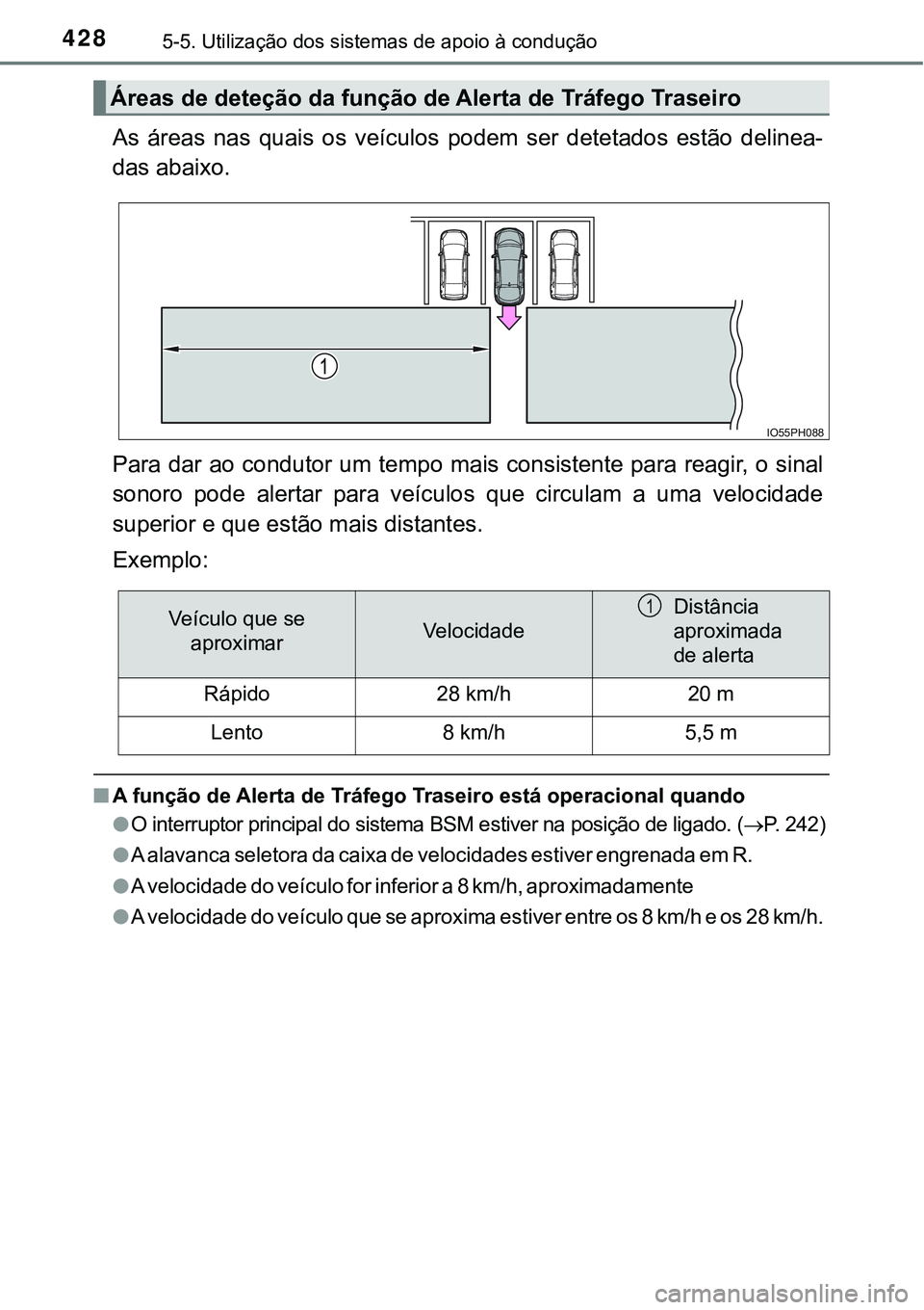 TOYOTA PRIUS PLUG-IN HYBRID 2016 Manual de utilização (in Portuguese) 4285-5. Utilização dos sistemas de apoio à condução
As áreas nas quais os veículos podem ser detetados estão delinea-
das abaixo.
Para dar ao condutor um tempo mais consistente para TOYOTA PRIUS PLUG-IN HYBRID 2016 Manual de utilização (in Portuguese) 4285-5. Utilização dos sistemas de apoio à condução
As áreas nas quais os veículos podem ser detetados estão delinea-
das abaixo.
Para dar ao condutor um tempo mais consistente para