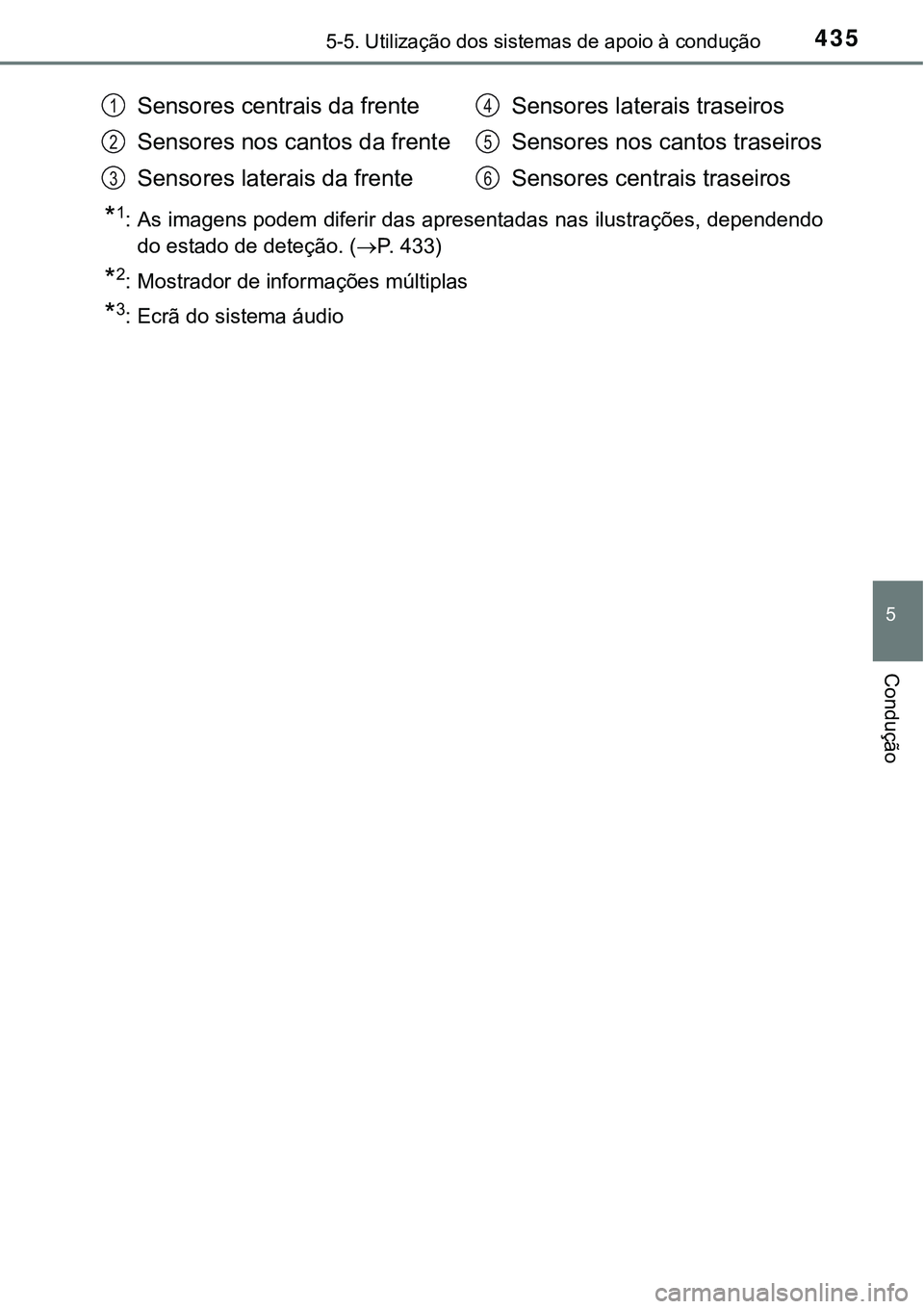 TOYOTA PRIUS PLUG-IN HYBRID 2016 Manual de utilização (in Portuguese) 4355-5. Utilização dos sistemas de apoio à condução
5
Condução
*1: As imagens podem diferir das apresentadas nas ilustrações, dependendo
do estado de deteção. (P. 433)
*2: Mostrador de i TOYOTA PRIUS PLUG-IN HYBRID 2016 Manual de utilização (in Portuguese) 4355-5. Utilização dos sistemas de apoio à condução
5
Condução
*1: As imagens podem diferir das apresentadas nas ilustrações, dependendo
do estado de deteção. (P. 433)
*2: Mostrador de i