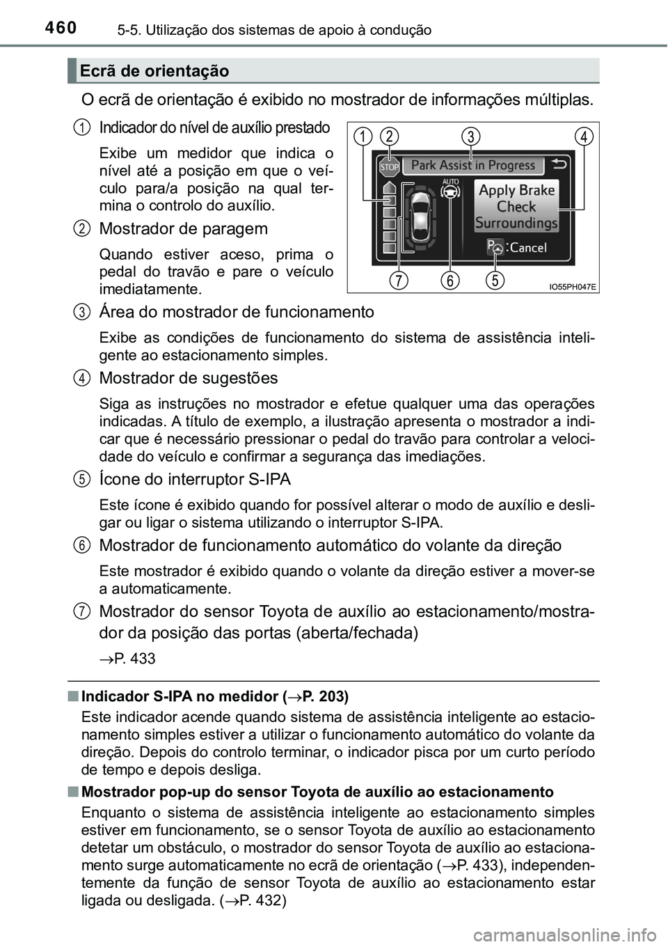 TOYOTA PRIUS PLUG-IN HYBRID 2016 Manual de utilização (in Portuguese) 4605-5. Utilização dos sistemas de apoio à condução
O ecrã de orientação é exibido no mostrador de informações múltiplas.
Indicador do nível de auxílio prestado
Exibe um medidor que TOYOTA PRIUS PLUG-IN HYBRID 2016 Manual de utilização (in Portuguese) 4605-5. Utilização dos sistemas de apoio à condução
O ecrã de orientação é exibido no mostrador de informações múltiplas.
Indicador do nível de auxílio prestado
Exibe um medidor que