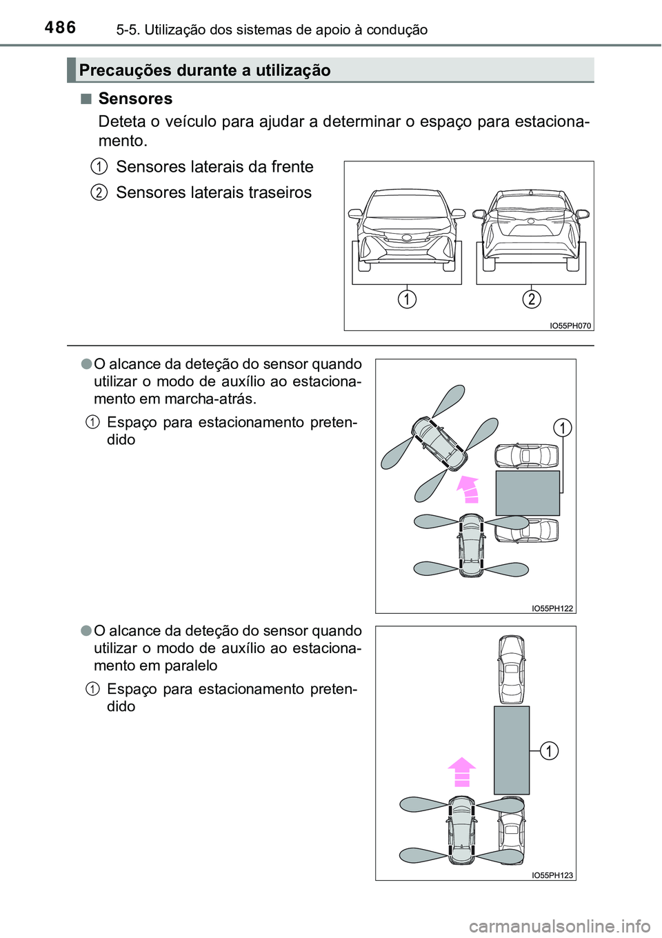 TOYOTA PRIUS PLUG-IN HYBRID 2016 Manual de utilização (in Portuguese) 4865-5. Utilização dos sistemas de apoio à condução
nSensores
Deteta o veículo para ajudar a determinar o espaço para estaciona-
mento.
Sensores laterais da frente
Sensores laterais traseiros
P TOYOTA PRIUS PLUG-IN HYBRID 2016 Manual de utilização (in Portuguese) 4865-5. Utilização dos sistemas de apoio à condução
nSensores
Deteta o veículo para ajudar a determinar o espaço para estaciona-
mento.
Sensores laterais da frente
Sensores laterais traseiros
P