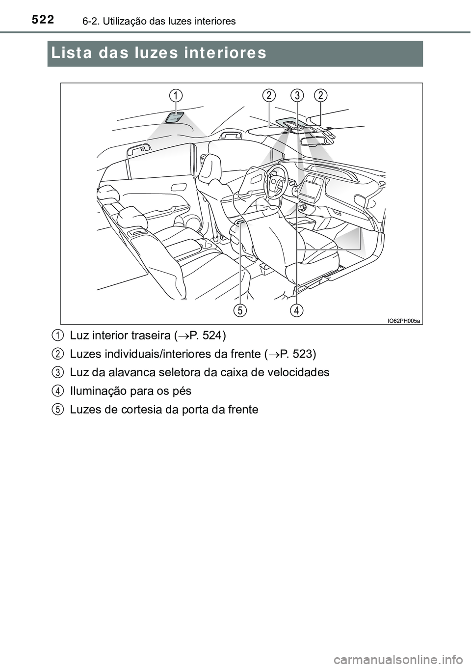TOYOTA PRIUS PLUG-IN HYBRID 2016 Manual de utilização (in Portuguese) 5226-2. Utilização das luzes interiores
Lista das luzes interiores
Luz interior traseira (P. 524)
Luzes individuais/interiores da frente (P. 523)
Luz da alavanca seletora da caixa de velocida TOYOTA PRIUS PLUG-IN HYBRID 2016 Manual de utilização (in Portuguese) 5226-2. Utilização das luzes interiores
Lista das luzes interiores
Luz interior traseira (P. 524)
Luzes individuais/interiores da frente (P. 523)
Luz da alavanca seletora da caixa de velocida