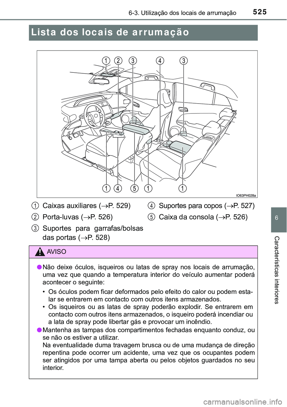 TOYOTA PRIUS PLUG-IN HYBRID 2016 Manual de utilização (in Portuguese) 5256-3. Utilização dos locais de arrumação
6
Características interiores
Lista dos locais de arrumação
Caixas auxiliares (P. 529)
Porta-luvas (P. 5 2 6 )
Suportes para garrafas/bolsas
TOYOTA PRIUS PLUG-IN HYBRID 2016 Manual de utilização (in Portuguese) 5256-3. Utilização dos locais de arrumação
6
Características interiores
Lista dos locais de arrumação
Caixas auxiliares (P. 529)
Porta-luvas (P. 5 2 6 )
Suportes para garrafas/bolsas