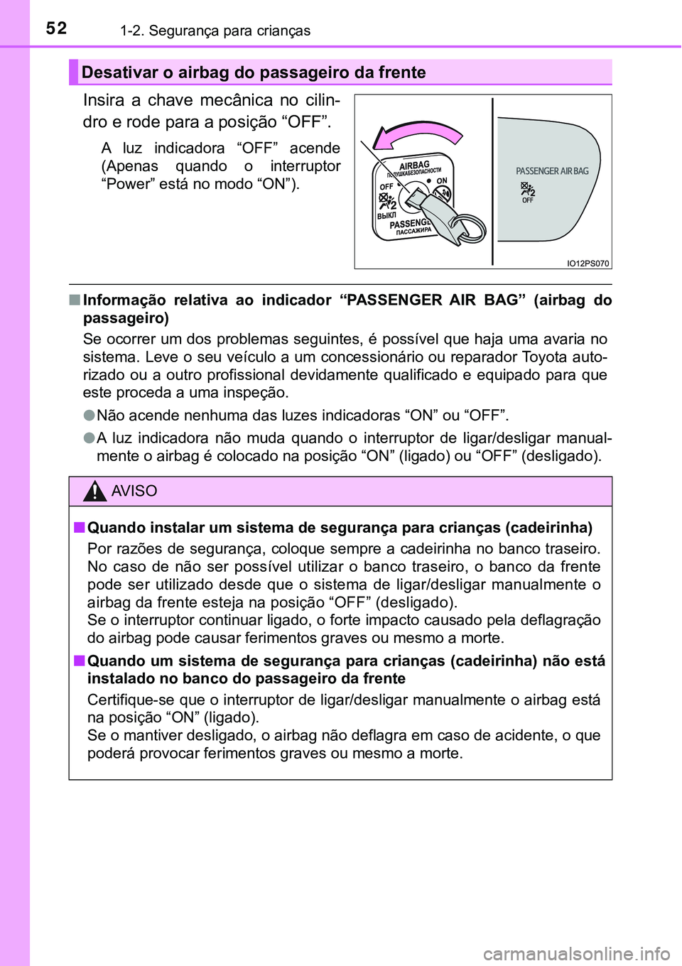 TOYOTA PRIUS PLUG-IN HYBRID 2016 Manual de utilização (in Portuguese) 521-2. Segurança para crianças
Insira a chave mecânica no cilin-
dro e rode para a posição “OFF”.
A luz indicadora “OFF” acende
(Apenas quando o interruptor
“Power” está TOYOTA PRIUS PLUG-IN HYBRID 2016 Manual de utilização (in Portuguese) 521-2. Segurança para crianças
Insira a chave mecânica no cilin-
dro e rode para a posição “OFF”.
A luz indicadora “OFF” acende
(Apenas quando o interruptor
“Power” está