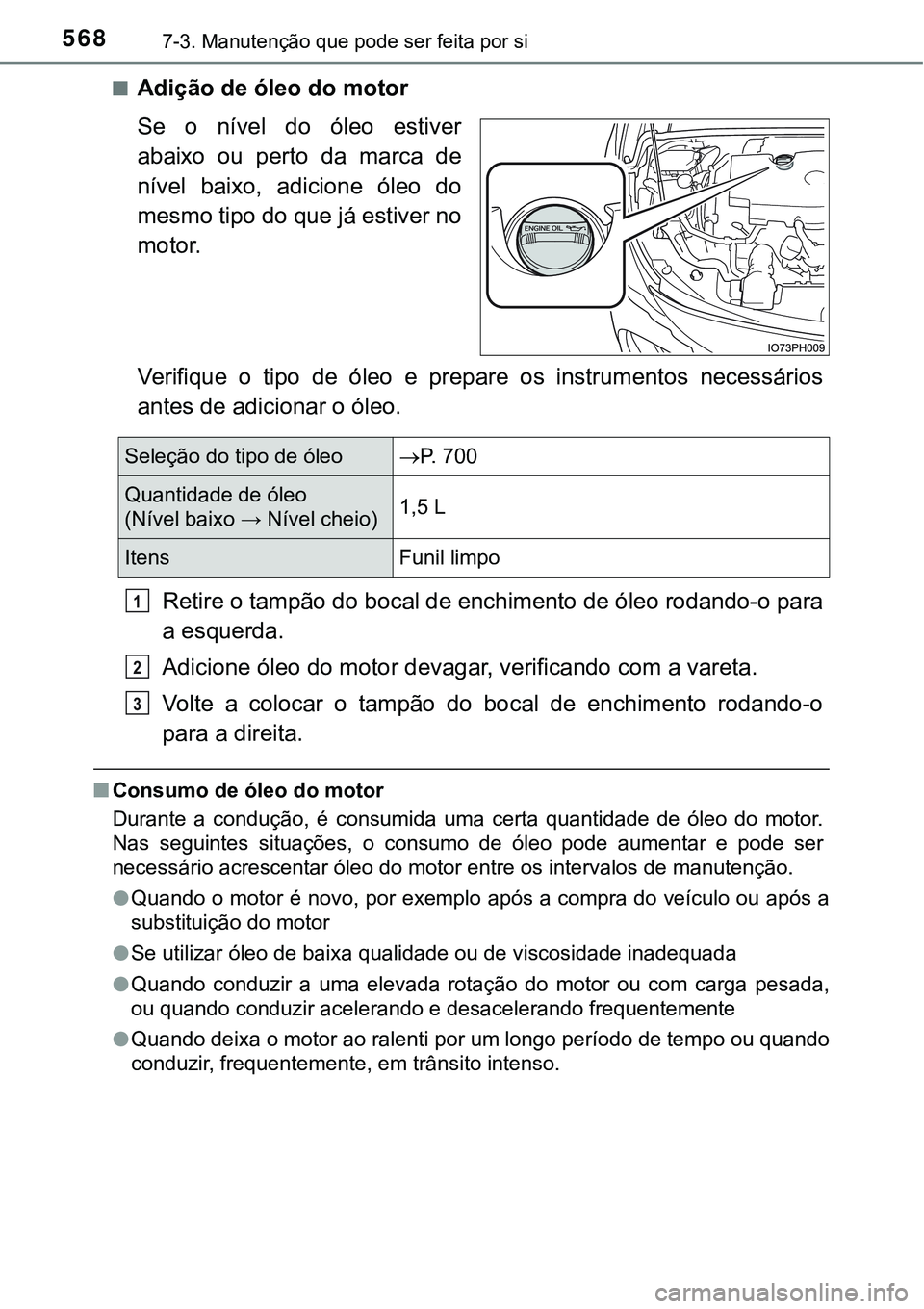 TOYOTA PRIUS PLUG-IN HYBRID 2016 Manual de utilização (in Portuguese) 5687-3. Manutenção que pode ser feita por si
nAdição de óleo do motor
Se o nível do óleo estiver
abaixo ou perto da marca de
nível baixo, adicione óleo do
mesmo tipo do que já TOYOTA PRIUS PLUG-IN HYBRID 2016 Manual de utilização (in Portuguese) 5687-3. Manutenção que pode ser feita por si
nAdição de óleo do motor
Se o nível do óleo estiver
abaixo ou perto da marca de
nível baixo, adicione óleo do
mesmo tipo do que já
