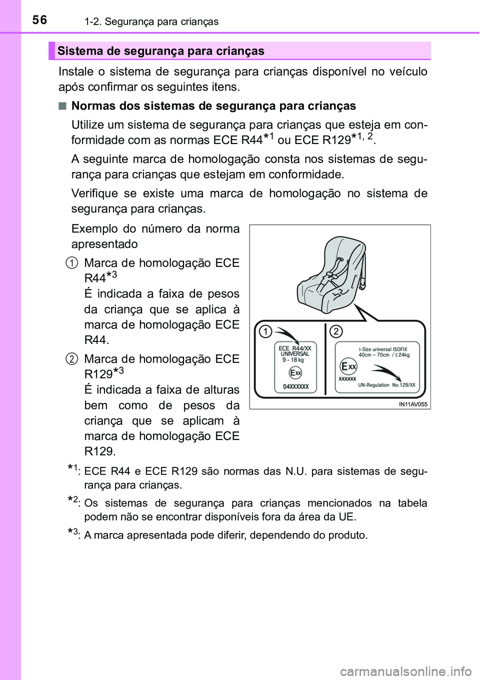 TOYOTA PRIUS PLUG-IN HYBRID 2016 Manual de utilização (in Portuguese) 561-2. Segurança para crianças
Instale o sistema de segurança para crianças disponível no veículo
após confirmar os seguintes itens.
nNormas dos sistemas de segurança para crianças
U TOYOTA PRIUS PLUG-IN HYBRID 2016 Manual de utilização (in Portuguese) 561-2. Segurança para crianças
Instale o sistema de segurança para crianças disponível no veículo
após confirmar os seguintes itens.
nNormas dos sistemas de segurança para crianças
U